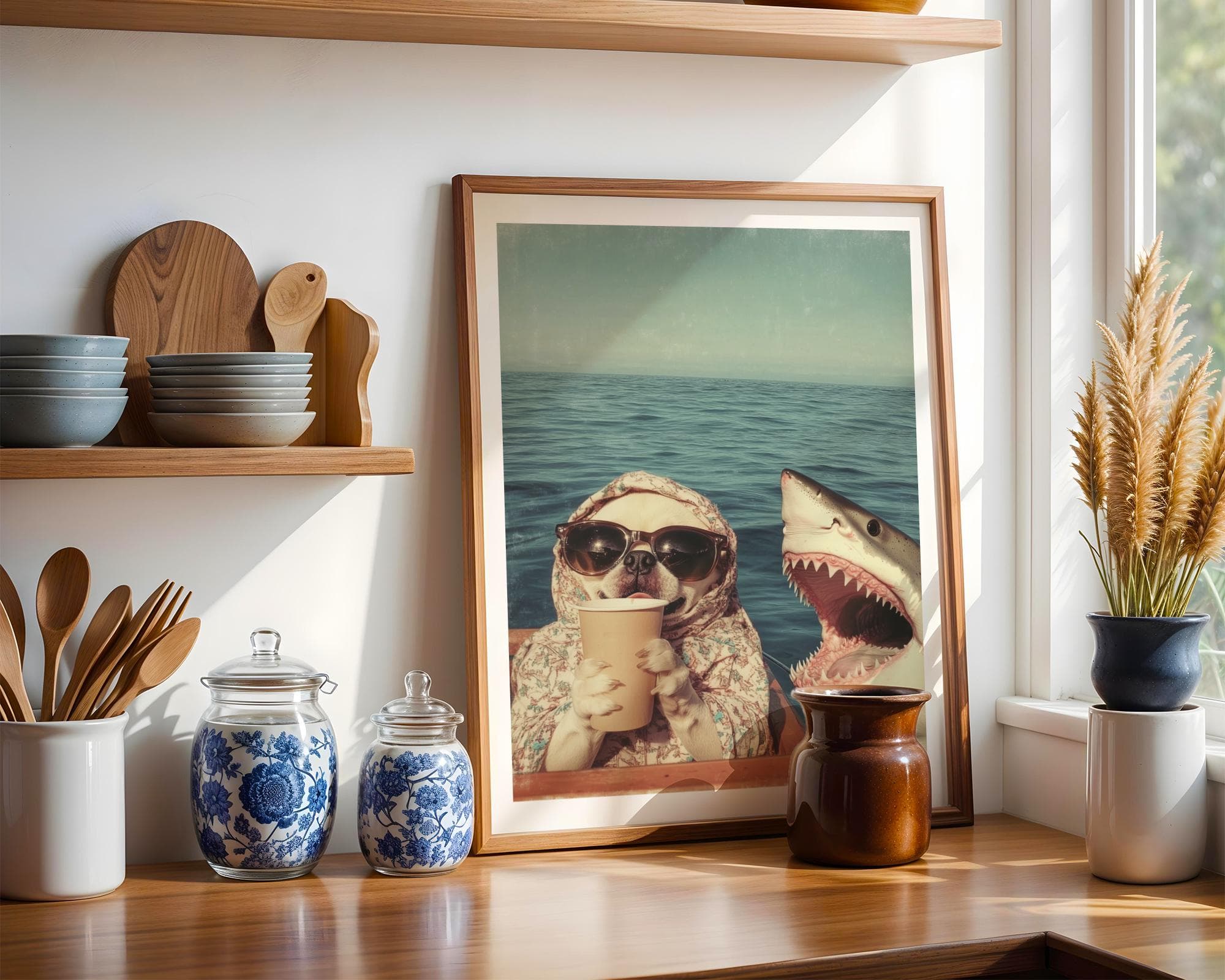 Funny Pug and Shark Wall Art, Funny Animal Art, Quirky Art Print, Quirky Pug Poster, Maximalist Pug Wall Art, Humorous Poster, Digital Art - view 3