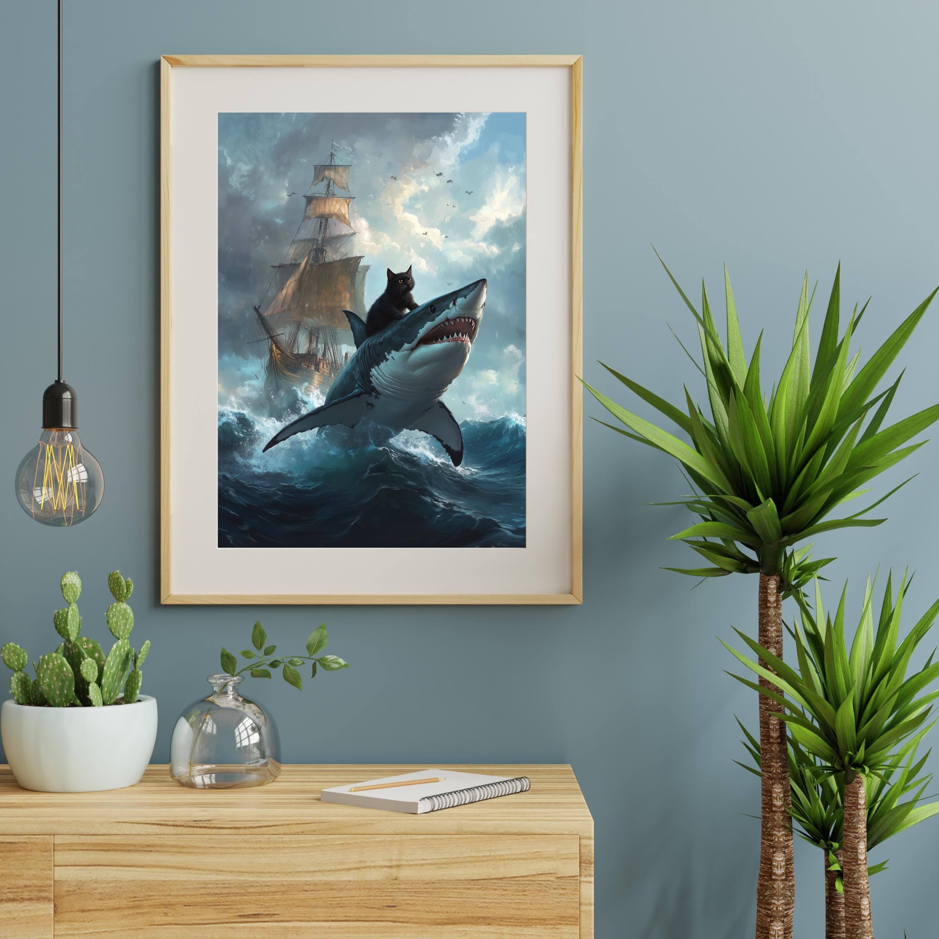 Black Cat in a Sea Ride the Shark Wall Art, Funny Black Cat Wall Decor, Maximalist Cat Wall Art, Black Cat Digital Wall Art, Black Cat Decor - view 3