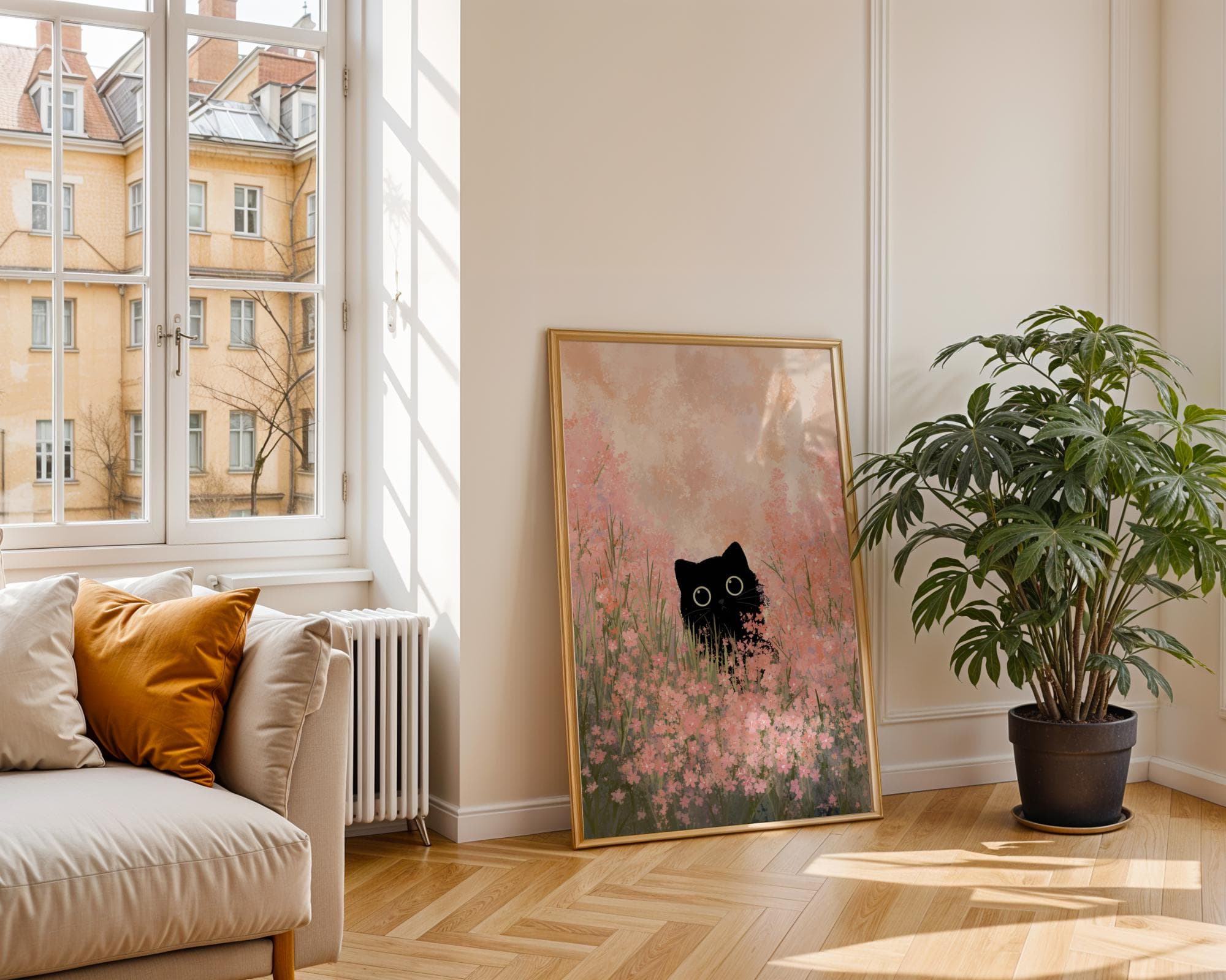 Black Cat in Pink Flower Field, Whimsical Animal Art, Floral Cat Wall Art, Black Cat Art Print, Whimsical Black Cat Painting, Black Cat Art - view 4