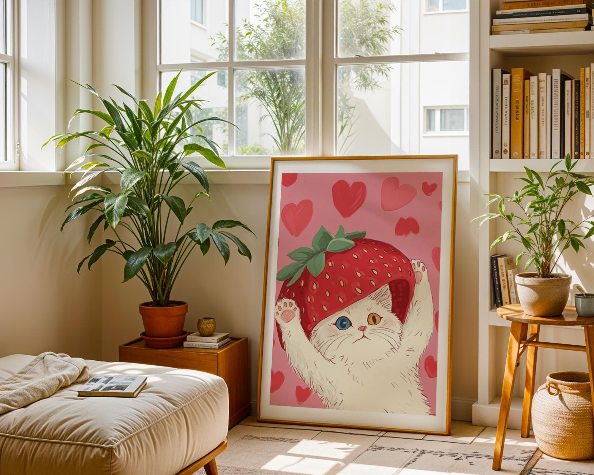 Pink Kawaii Wall Art, Strawberry Cat Wall Art, Art Digital Download, Pink Nursery Decor, Preppy Cat Wall Decor, Pink Aesthetic Wall Print - view 6