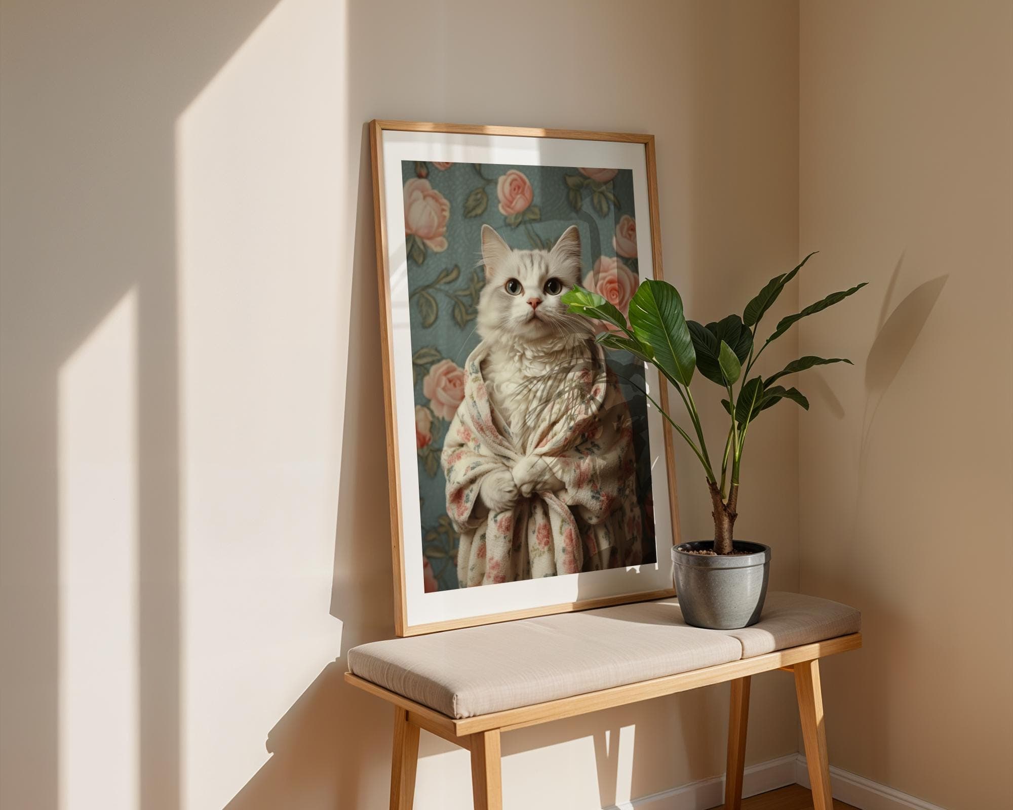 Tabby Cat in Bathrobe DIGITAL DOWNLOAD, Cat PRINTABLE Wall Art, Fluffy White Cat Wall Art - Vintage Floral Digital Print, Cute Cat Wall Art - view 7