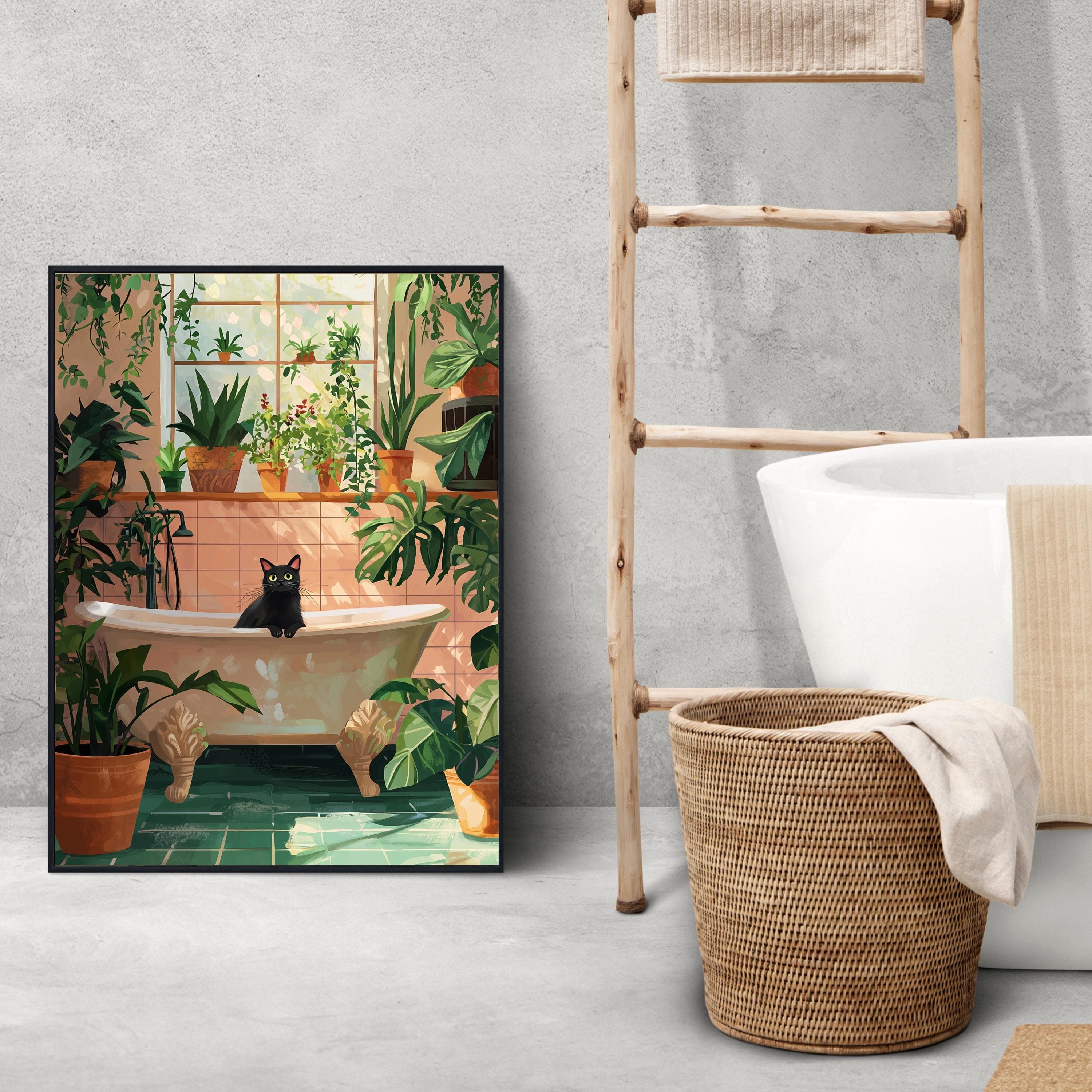 Bath Cat Print Funny, Orange Painting Poster, Animal Wall Art, Digital Wall Art, Bathtube Wall Art, Cat in Bathroom Art, Maximalist Cat Art - view 7