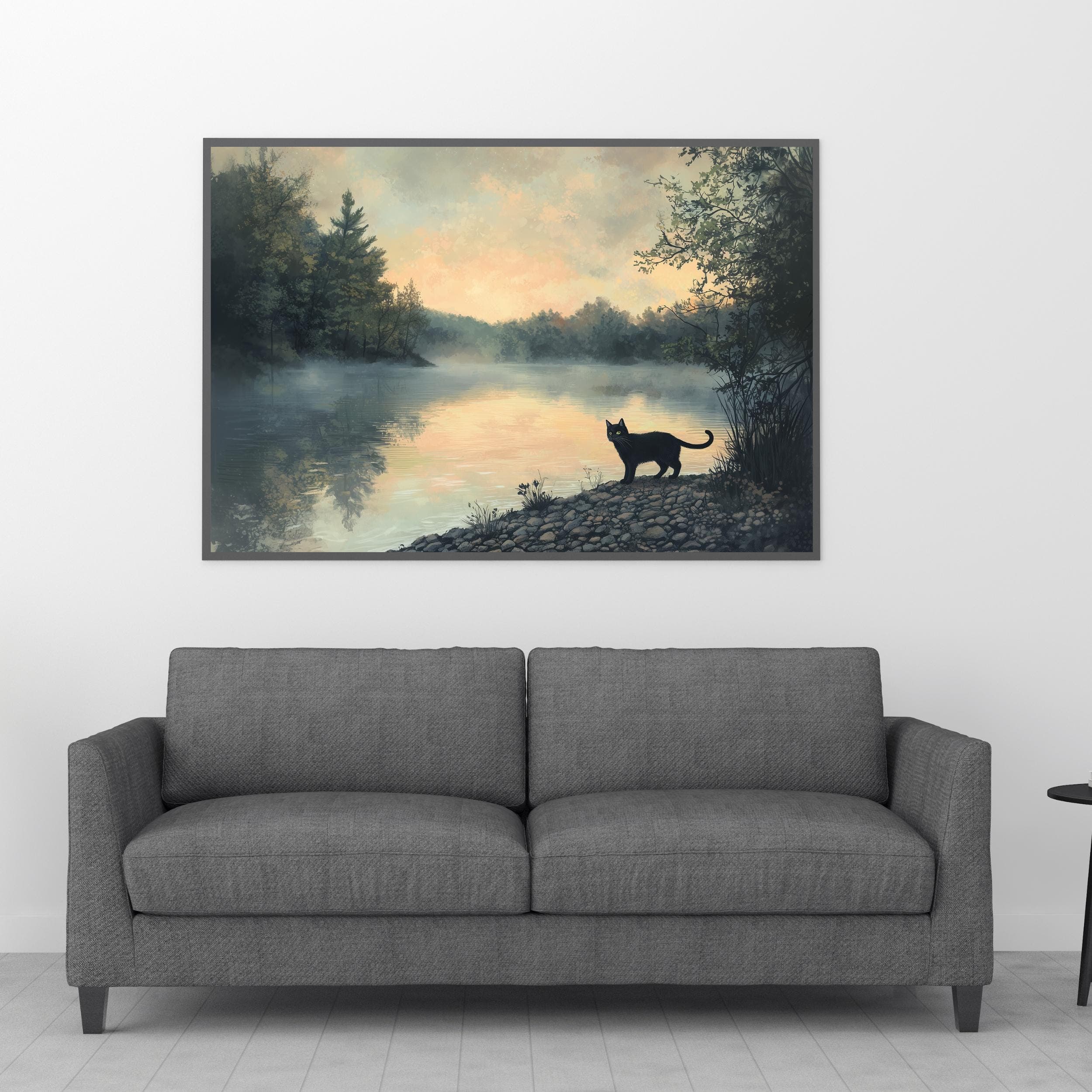 Whimsical Black Cat Art, Calming Landscape Wall Art, Digital Animal Wall Art, UNFRAMED, Black Cat Poster, Landscape Prints, Digital Cat Art - view 6