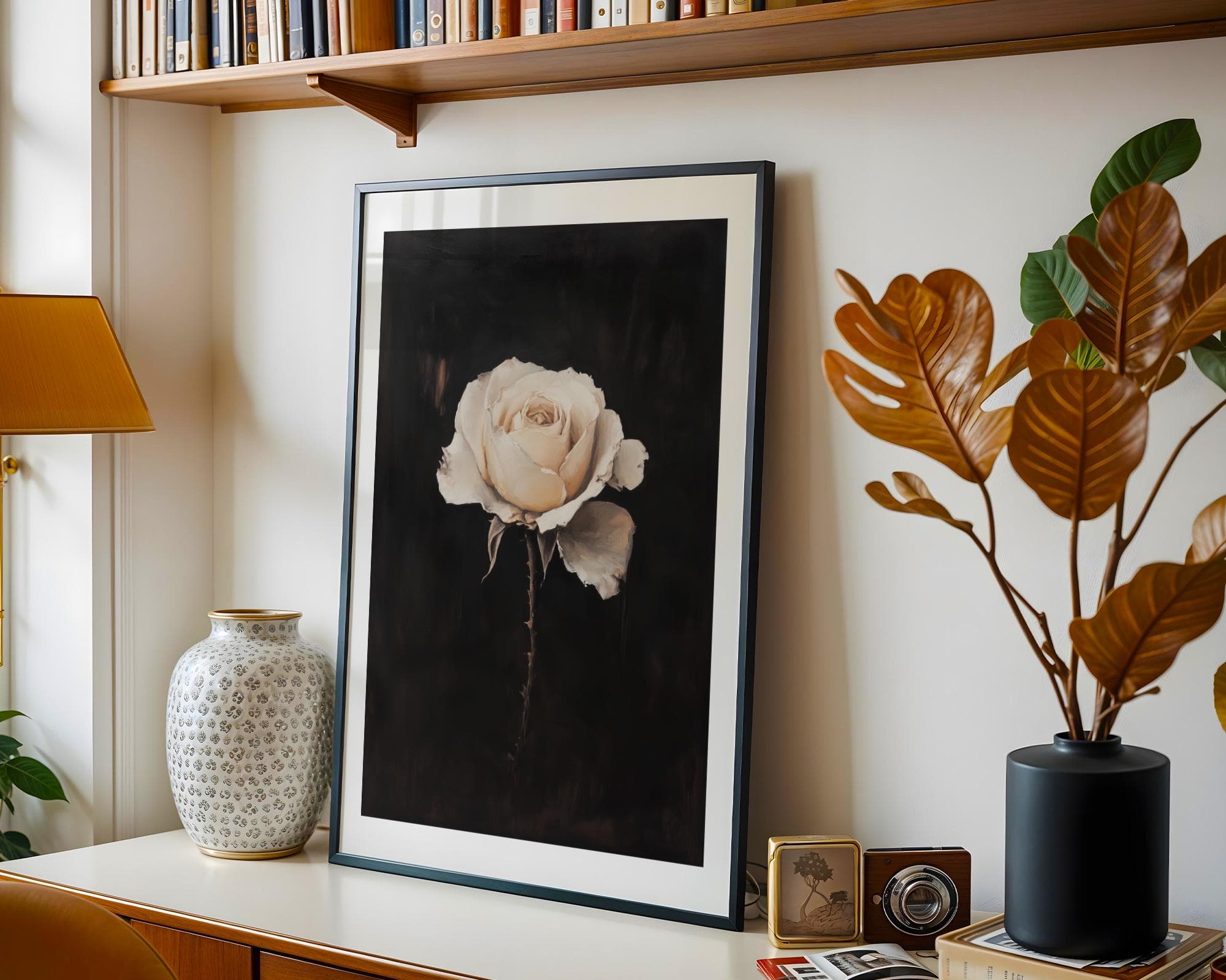 Faded Rose Portrait Print, White Rose Wall Art ā Minimalist Oil Painting Floral Print, White Botanical Flower Print, Moody Floral Print - view 4