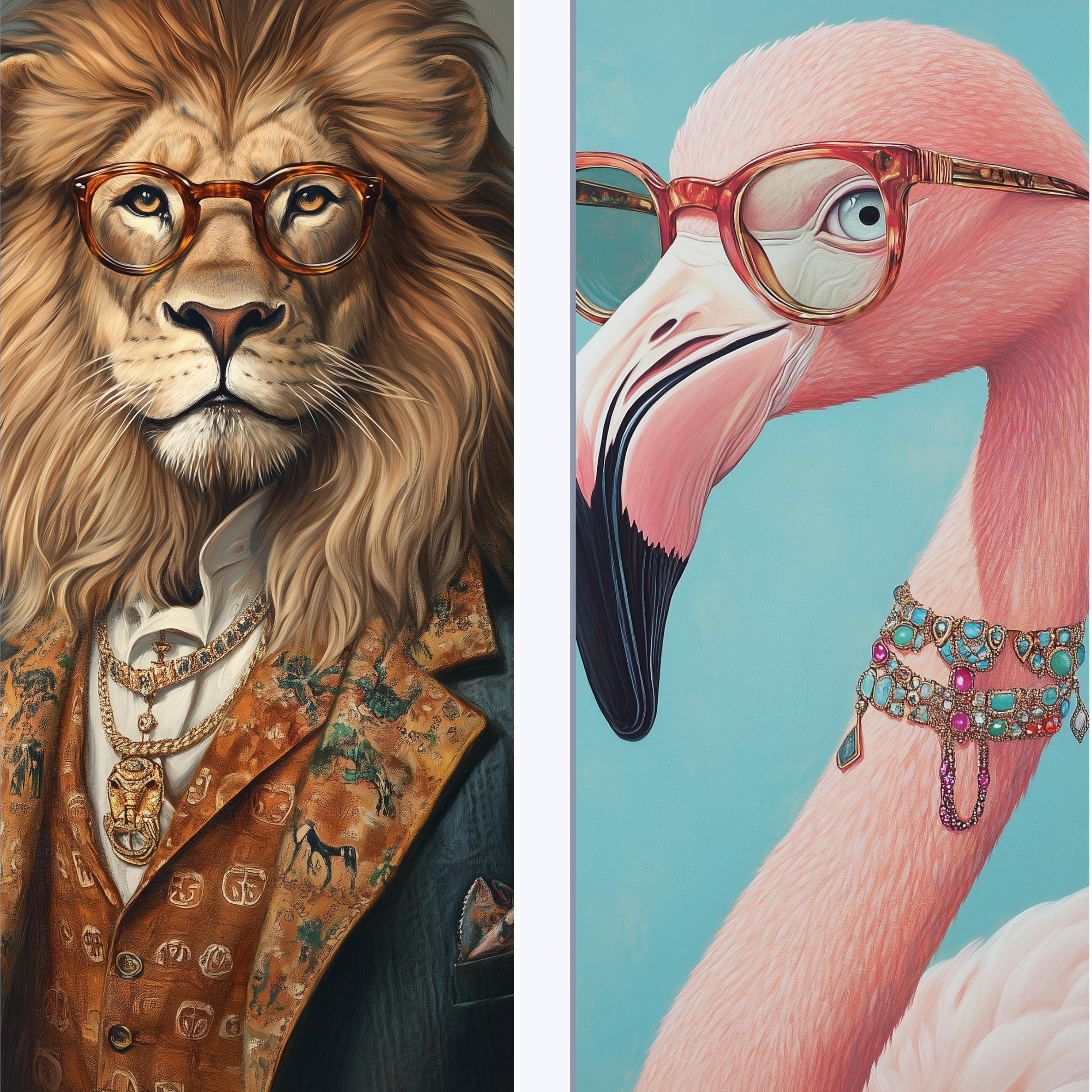 Funky Fashion Animal Print Set, Dopamine Aesthetic, Maximalist Decor, Pink Yellow Lion Tiger Painting, Preppy Print, Art Digital Download - view 4
