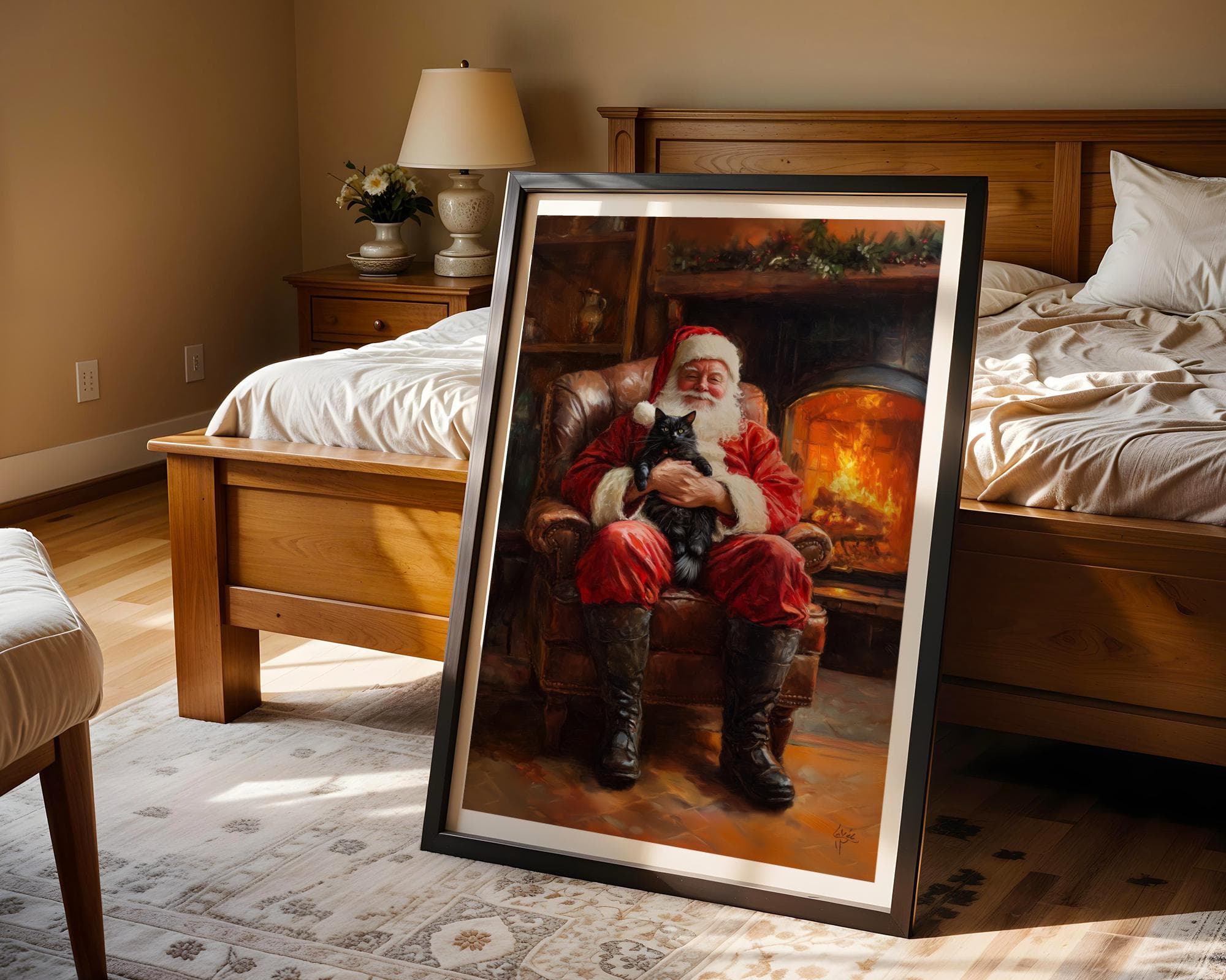 Santa Claus with Black Cat - Cozy Christmas Wall Art Print, Rustic Christmas Art, Warm Christmas Wall Art, Christmas Wall Decor, Digital Art - view 4