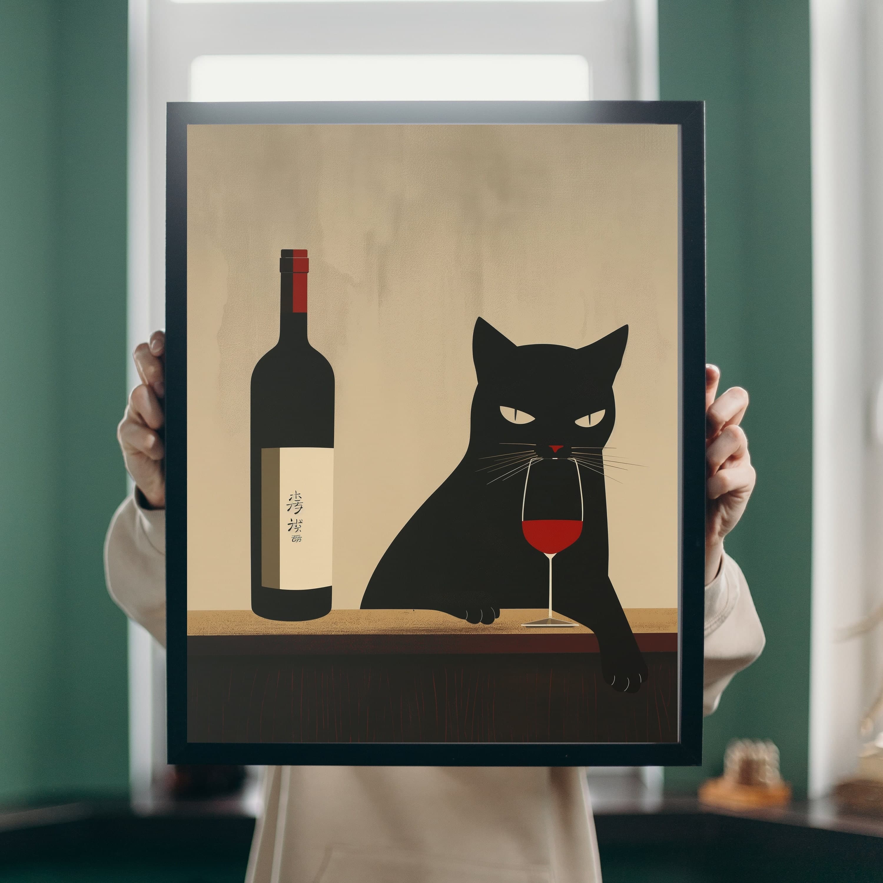Black Cat Wine Poster, Cat Drinking Wine Art Print, Wine Cat Art Prints, International Cat Day, Cat with Red Wine, Wine Cat illustration - view 7