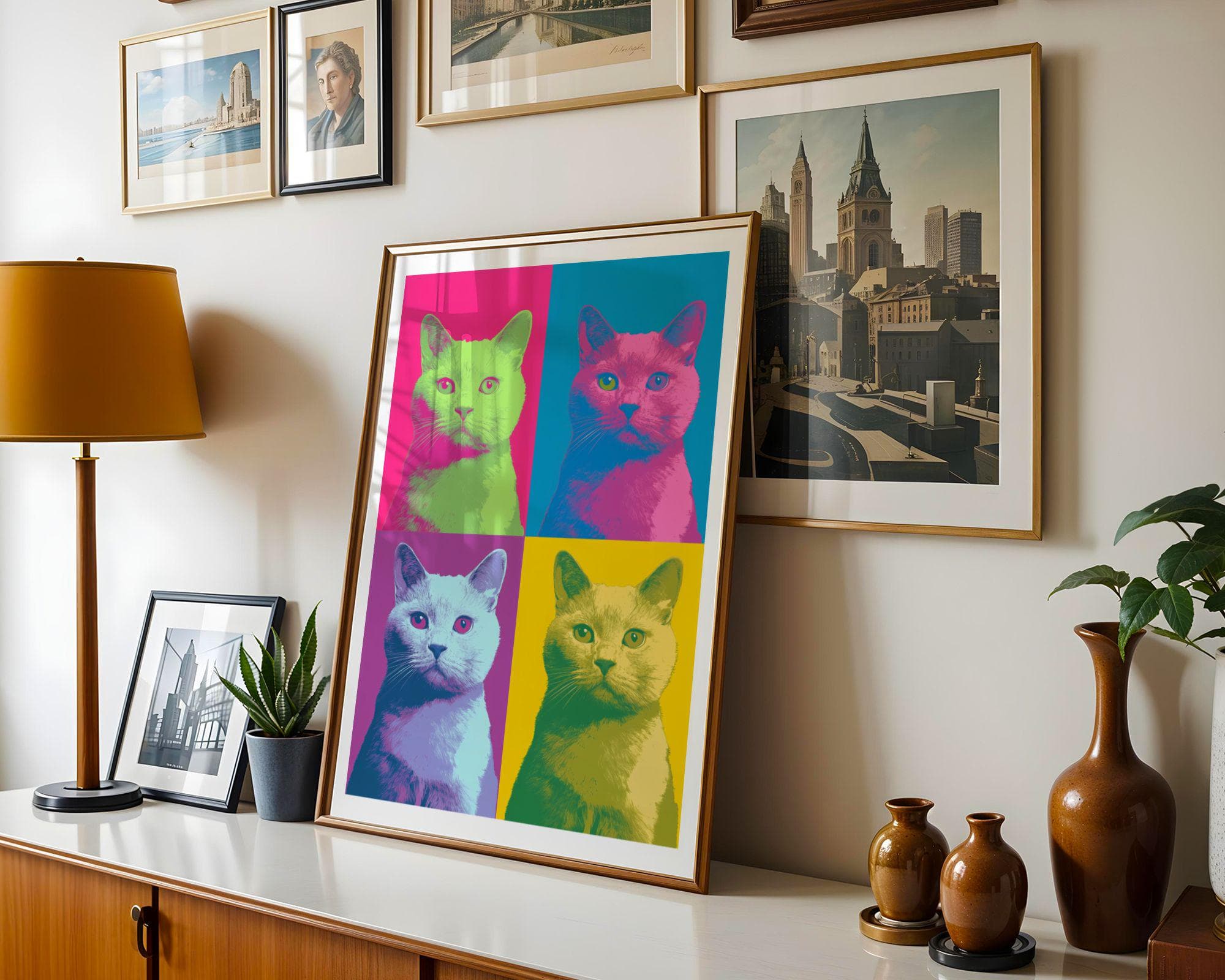Pop Art Cat Quad, Colorful Wall Art, Pop Art Cat Wall Art, Colorful Cat Wall Decor, Quirky Cat Decor, Retro Cat Wall Poster, Funky Wall Art - view 5