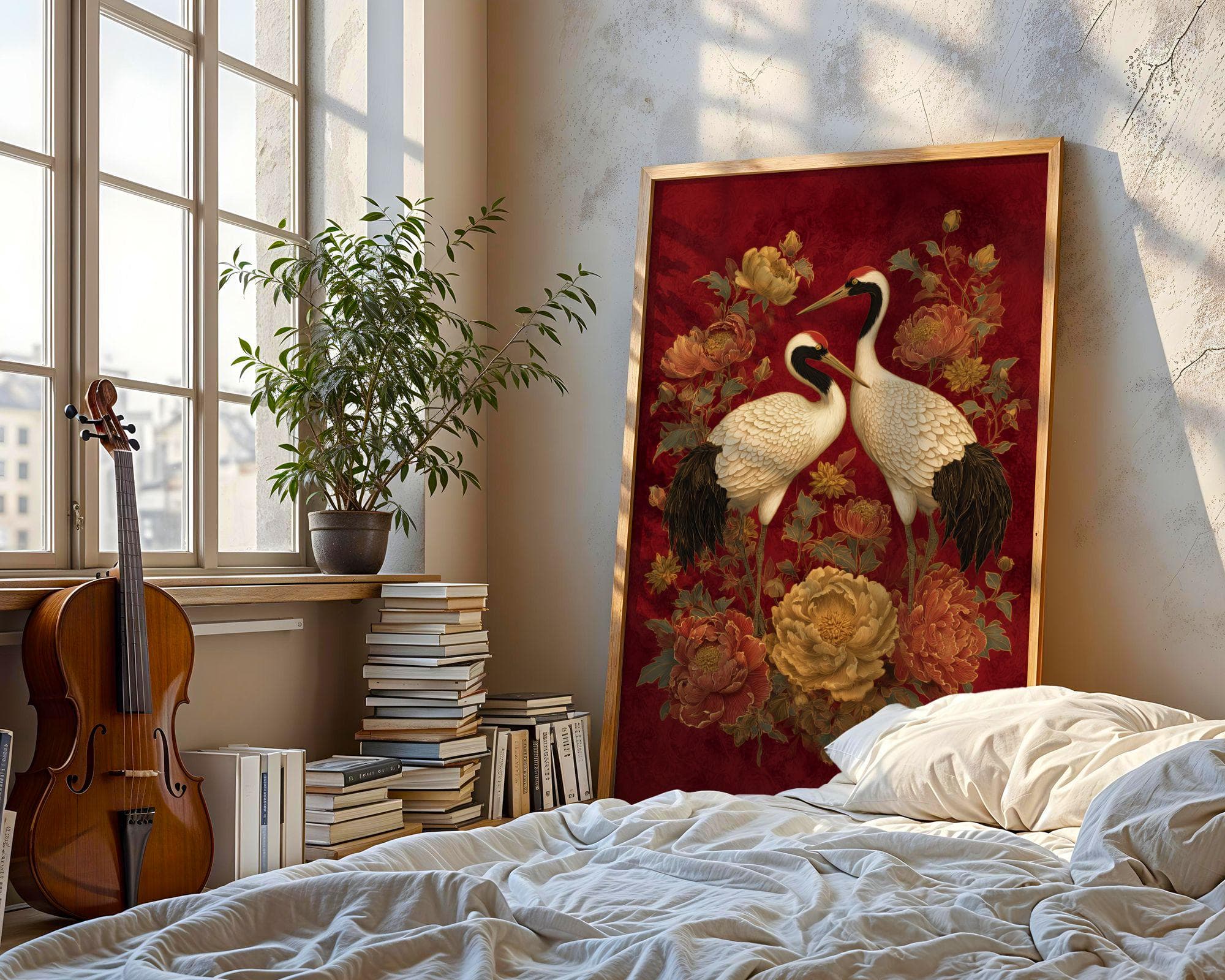 Crane Wall Art Red Gold Oriental Painting, Japanese Crane Wall Art, Red Gold Asian Bird Painting, Peony Flower Art, Oriental Decor, Japandi - view 3