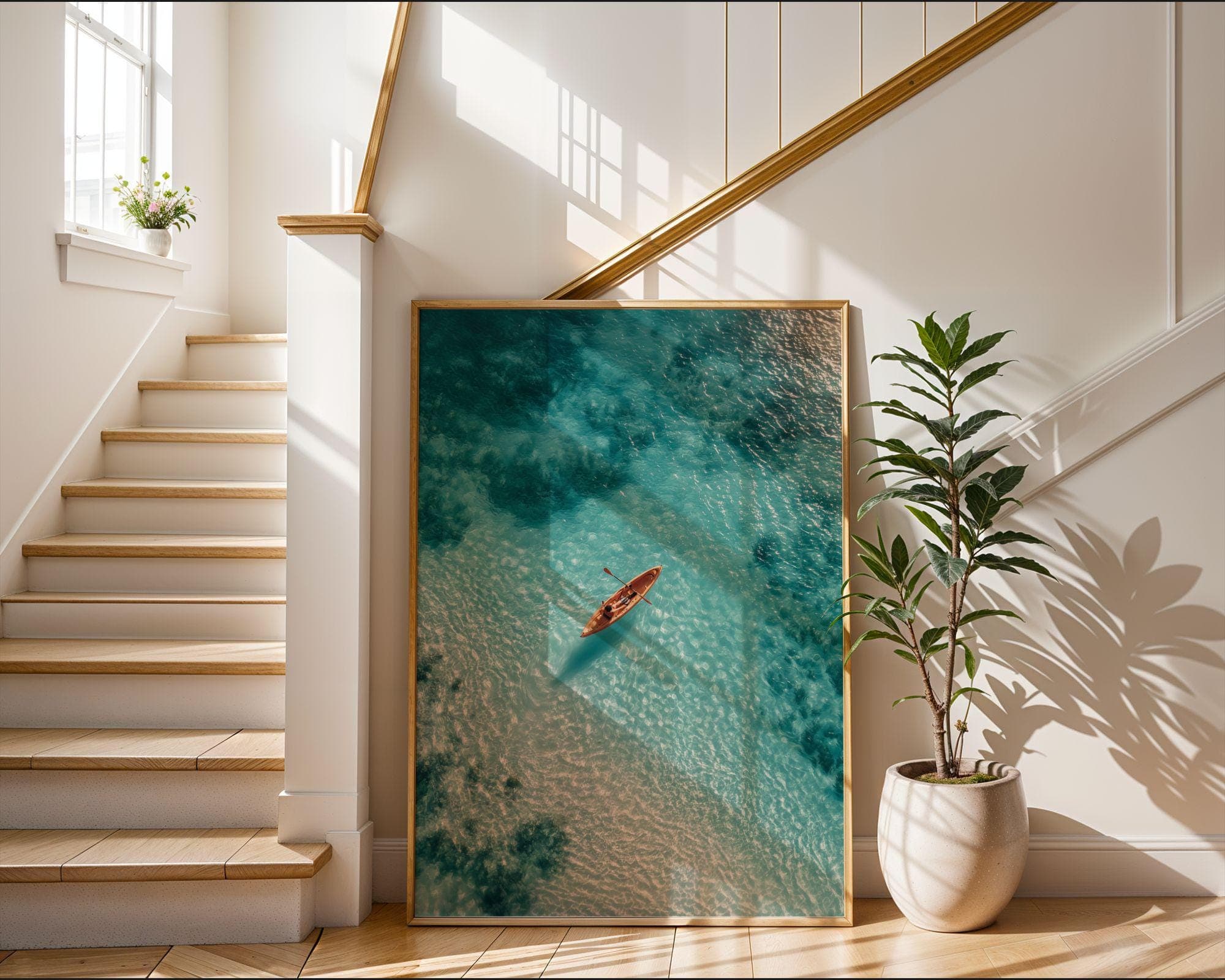 Aerial Ocean Print, Aerial Coastal Wall Print, Turquoise Beach Aerial Art – Kayaker Wall Print, Digital Download, Minimal Coastal Print - view 3