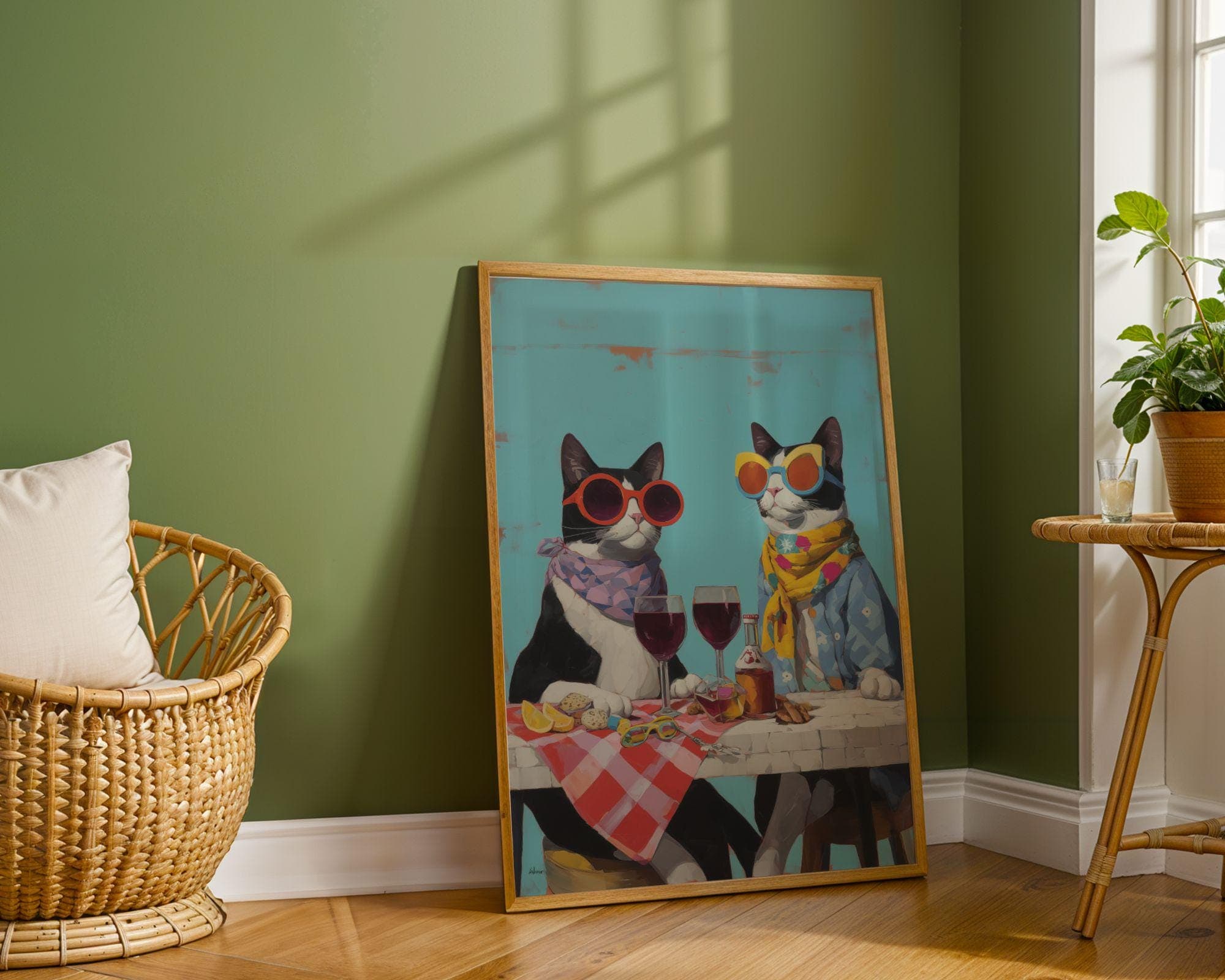 Funny Cat Couple Wall Art, Whimsical Cat Wine Print, Colorful Animal Painting, Dining Room Kitchen Decor, Stylish Pet Art, Quirky Cat Decor - view 5