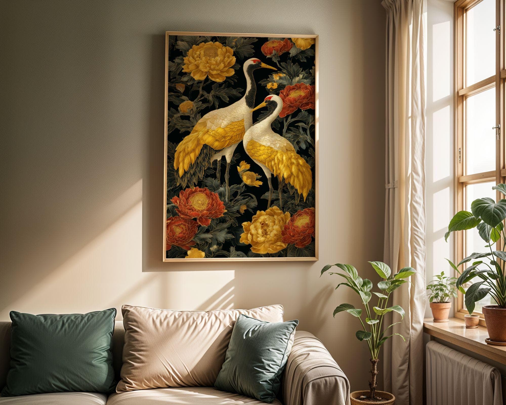 Gold Crane Wall Art Black Floral Painting, Japanese Crane Wall Art, Gold Bird Painting, Oriental Floral Artwork, Asian Decor Print - view 6