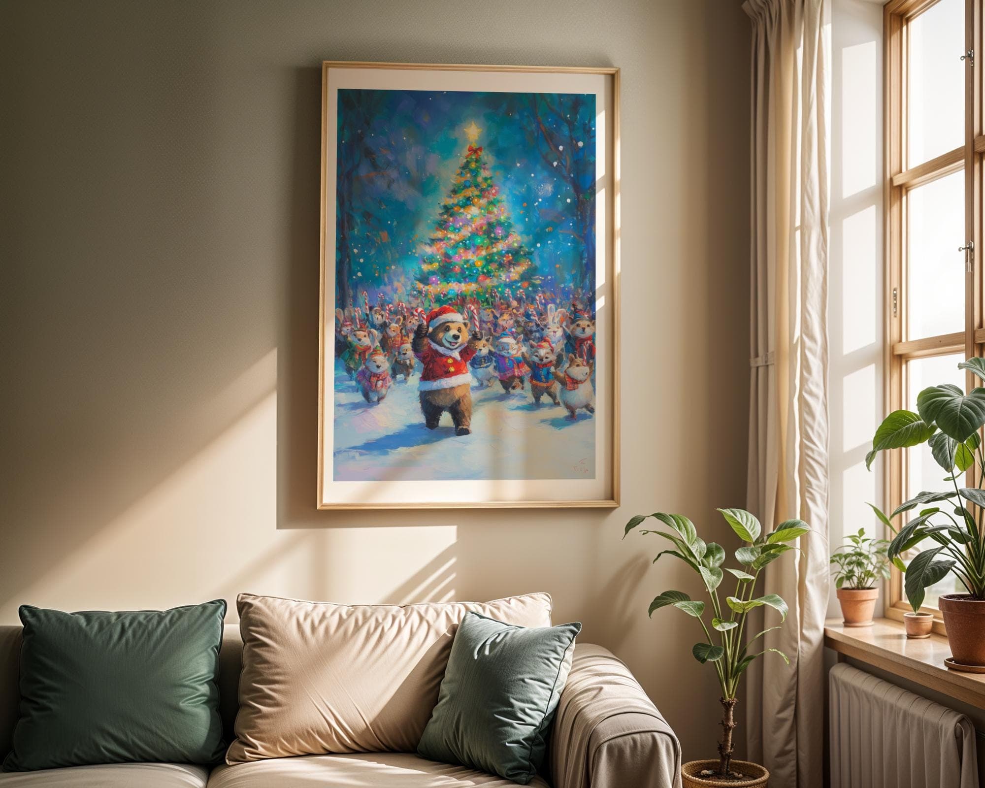Cute Animal Christmas Parade Art, Christmas Wall Art with Bear & Forest Animals, Holiday Decor for Kids, Kids Room Decor, Festive Wall Art - view 3