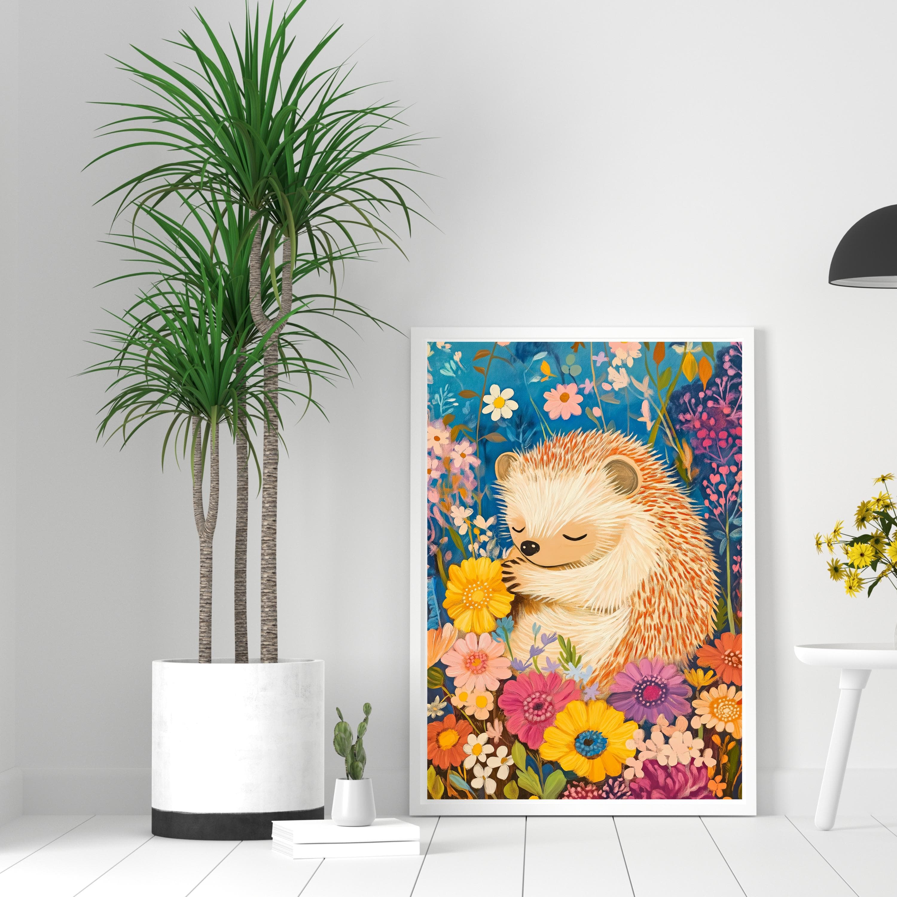 Whimsical Hedgehog Wall Art, Colorful Animal Nursery Art, Nature Wall Decor, Whimsical Hedgehog in Flower Garden, Oil Painting Hedgehog Art - view 6
