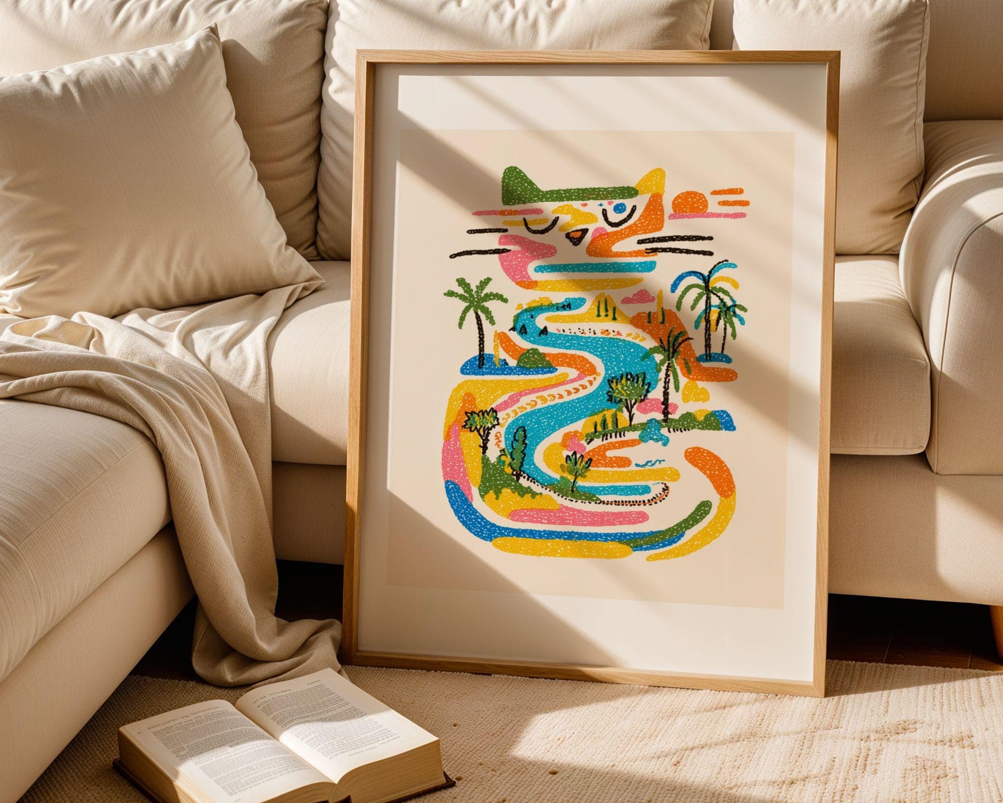 Tropical Cat River Art Print, Colorful Crayon Style (Digital Download) - view 2