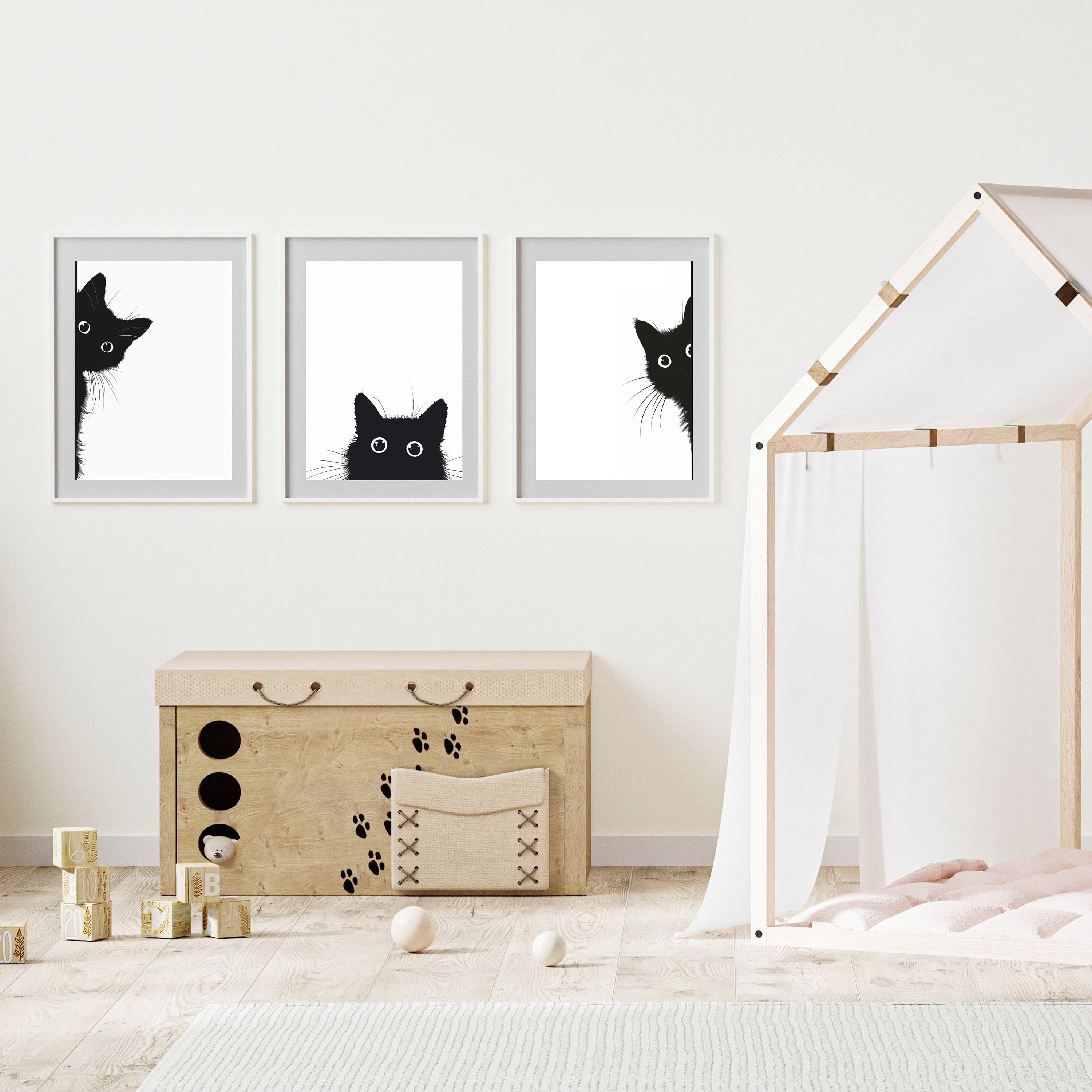Set of 3 Peeking Black Cat Print Wall Art Poster, Black and White Cat Wall Art, Quirky Cat Decor, Black Cat Art, Set of 3, Quiry Cat Print - view 6