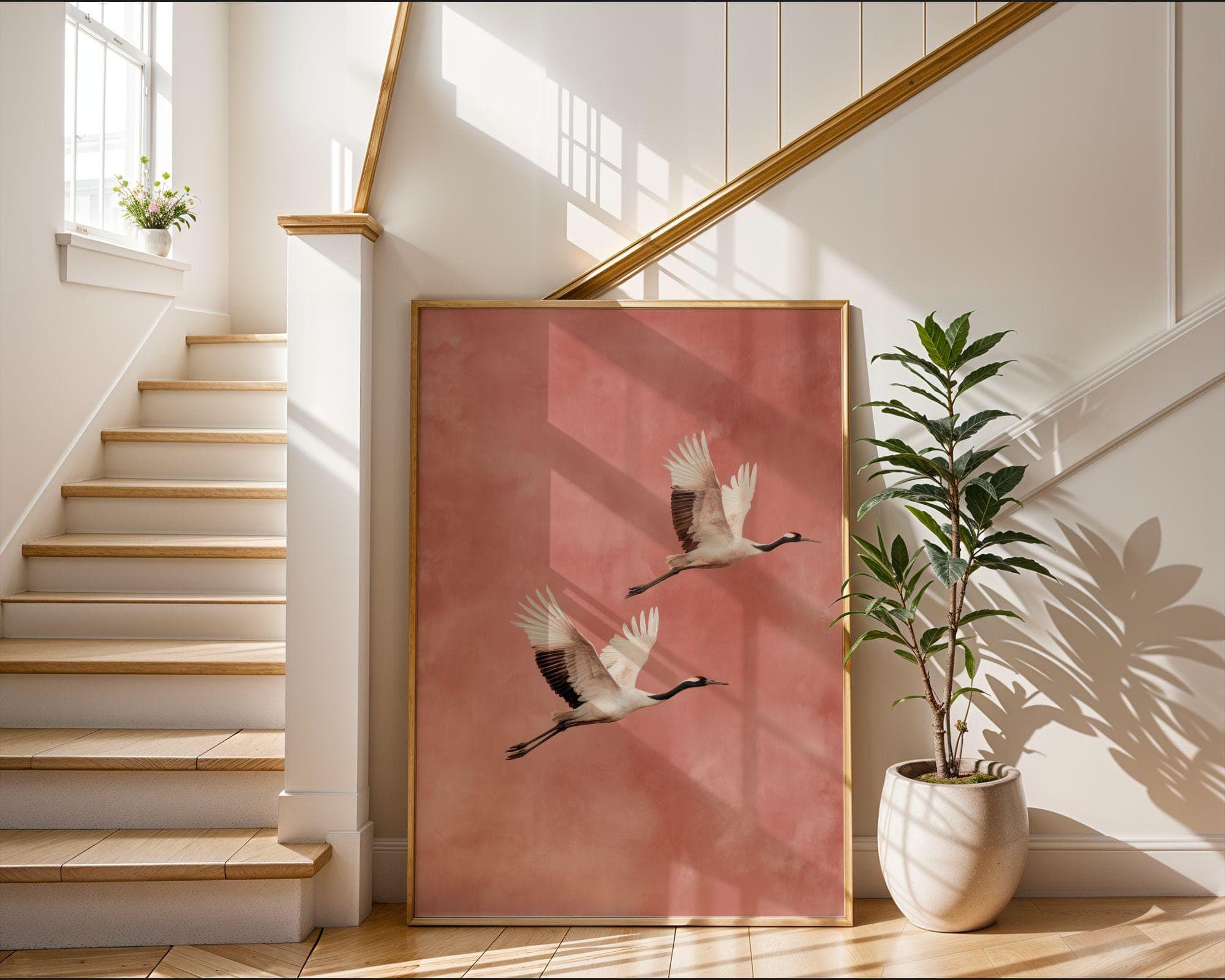 Japandi Crane Wall Art, Wabi-Sabi Decor, Scandinavian Wall Art,Minimal Birds, Neutral Tones, Flying Crane Wall Art, Blush Pink Bird Painting - view 3
