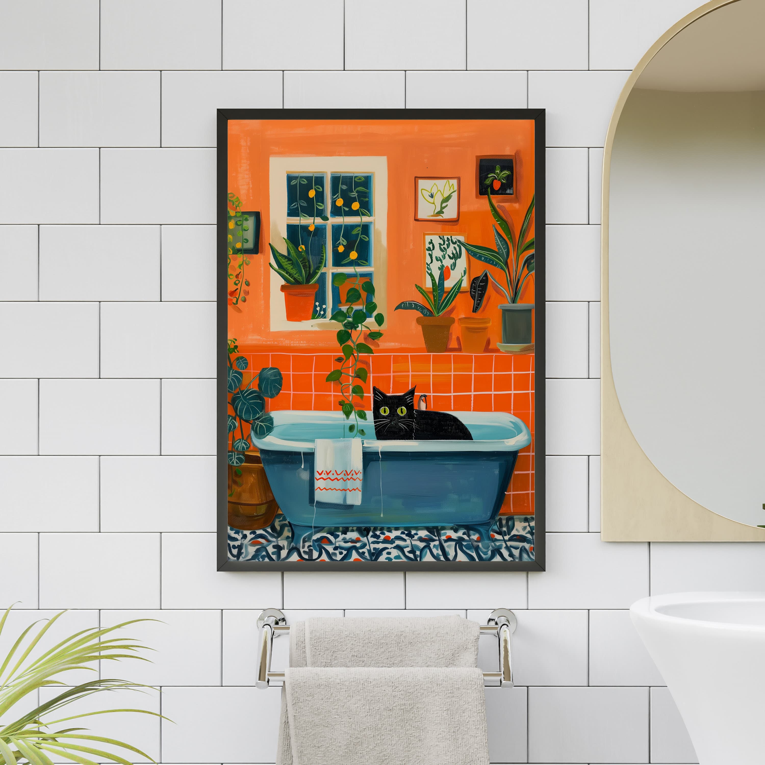 Bath Cat Print Funny, Orange Painting Poster, Animal Wall Art, Digital Wall Art, Bathtube Wall Art, Cat in Bathroom Art, Maximalist Cat Art - view 5