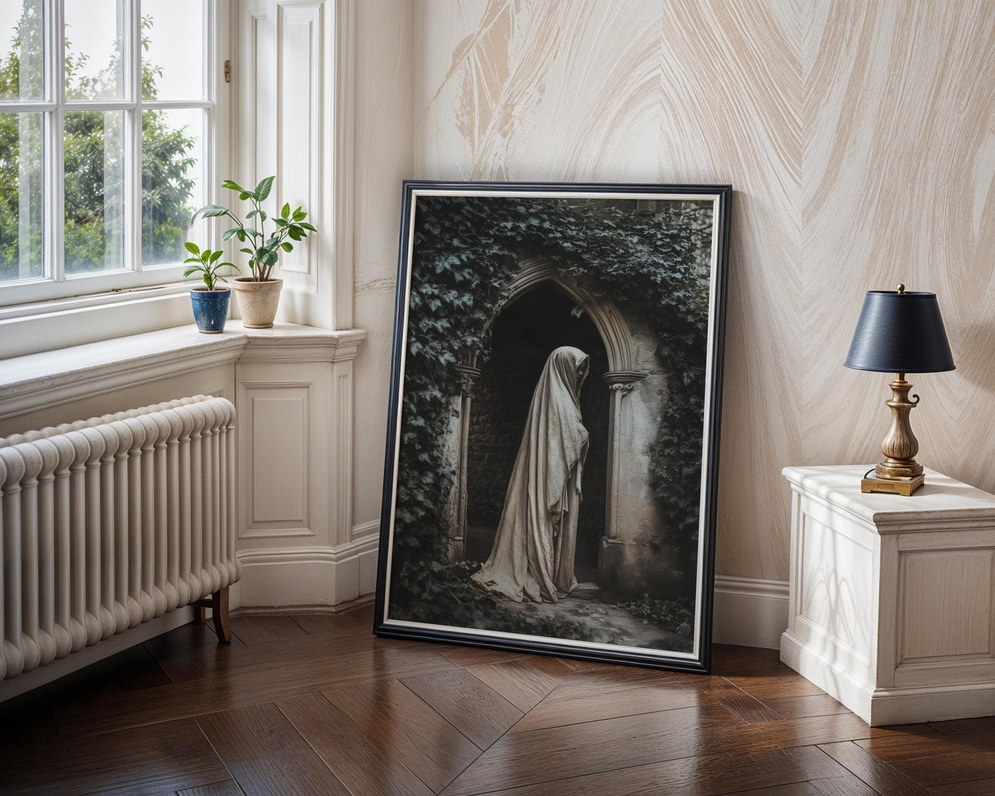 Veiled Woman under Ivy Canvas β Moody Gothic Portrait for Bedroom Decor, Dark Academia Wall Print, Vintage Veiled Woman Poster, Digital Art - view 4