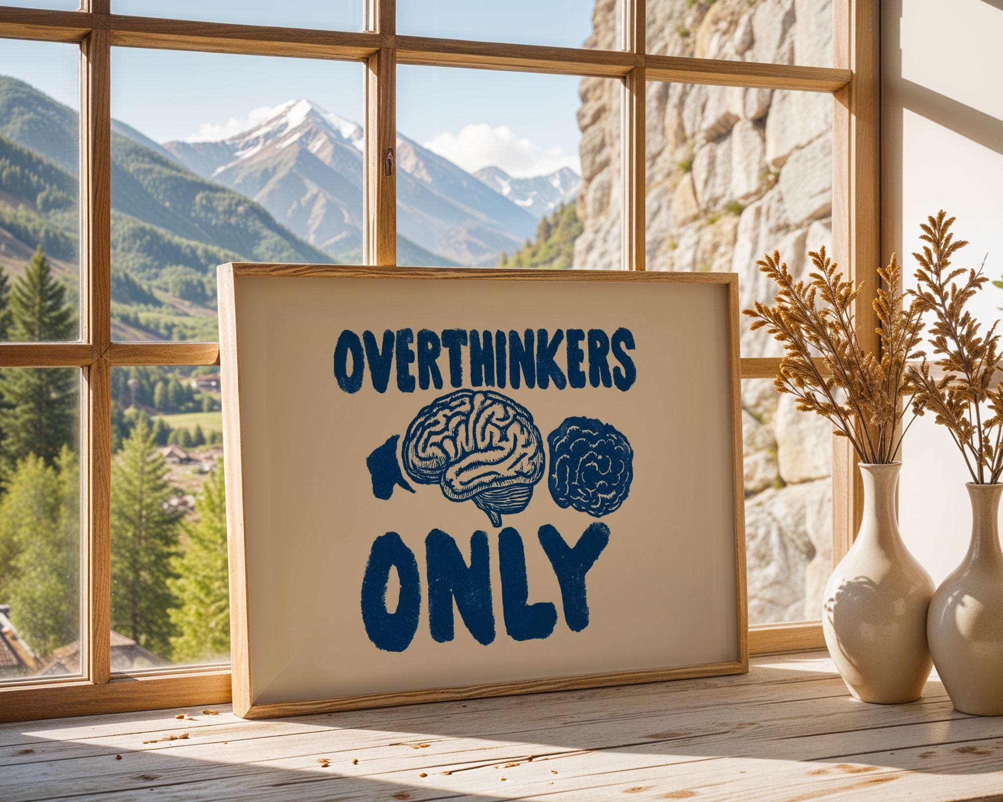 Overthinkers Only Wall Art, Mental Health Wall Art, Retro Typography Poster, Anxiety Humor Wall Art, Dorm Room Wall Art, Blue Beige Print - view 6