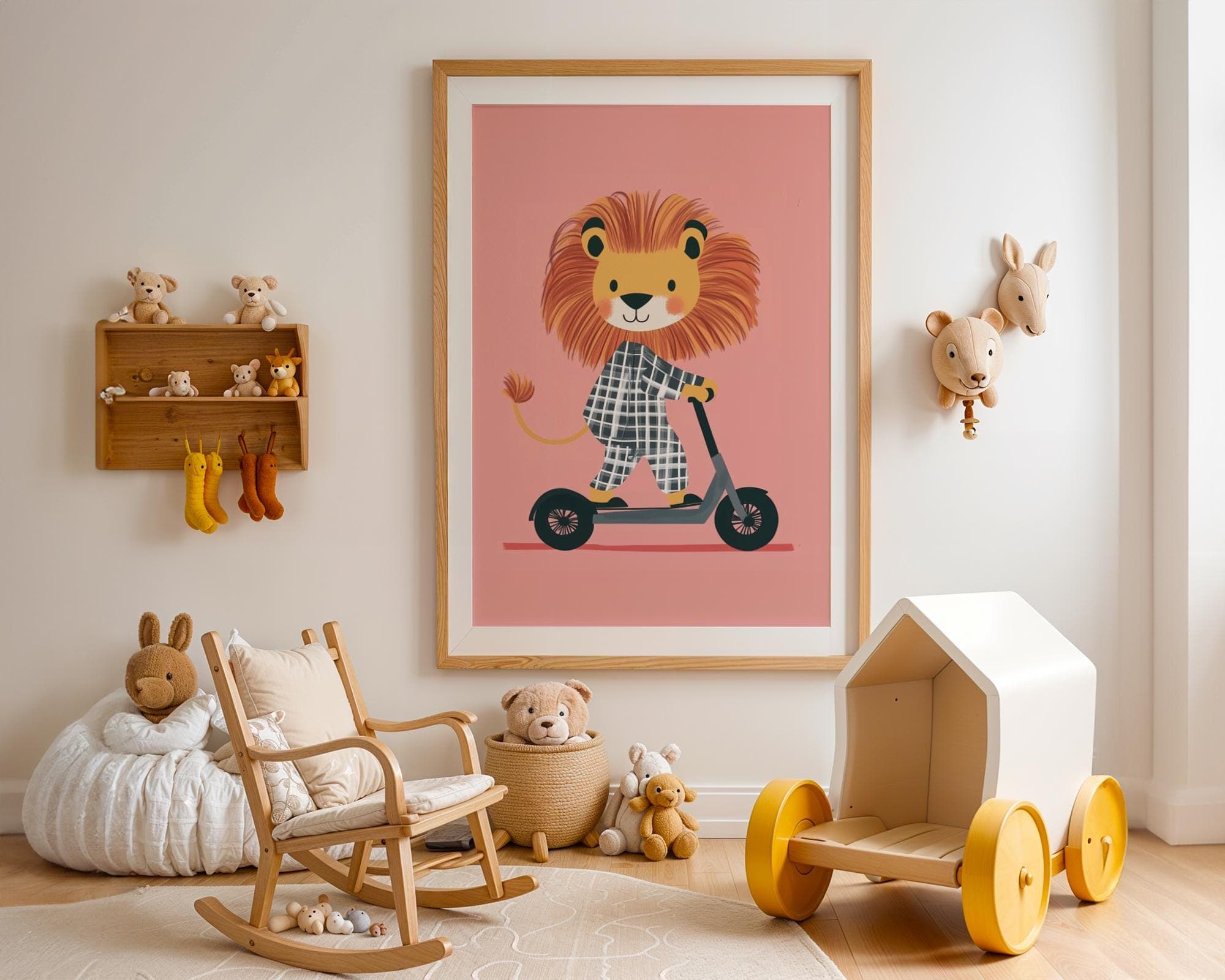 Lion on a Scooter Print, Eclectic Nursery Wall Art, Pink Playroom Boy's Room Prints, Printable Wall Art, Nurserywall Art Playful nursery art - view 3