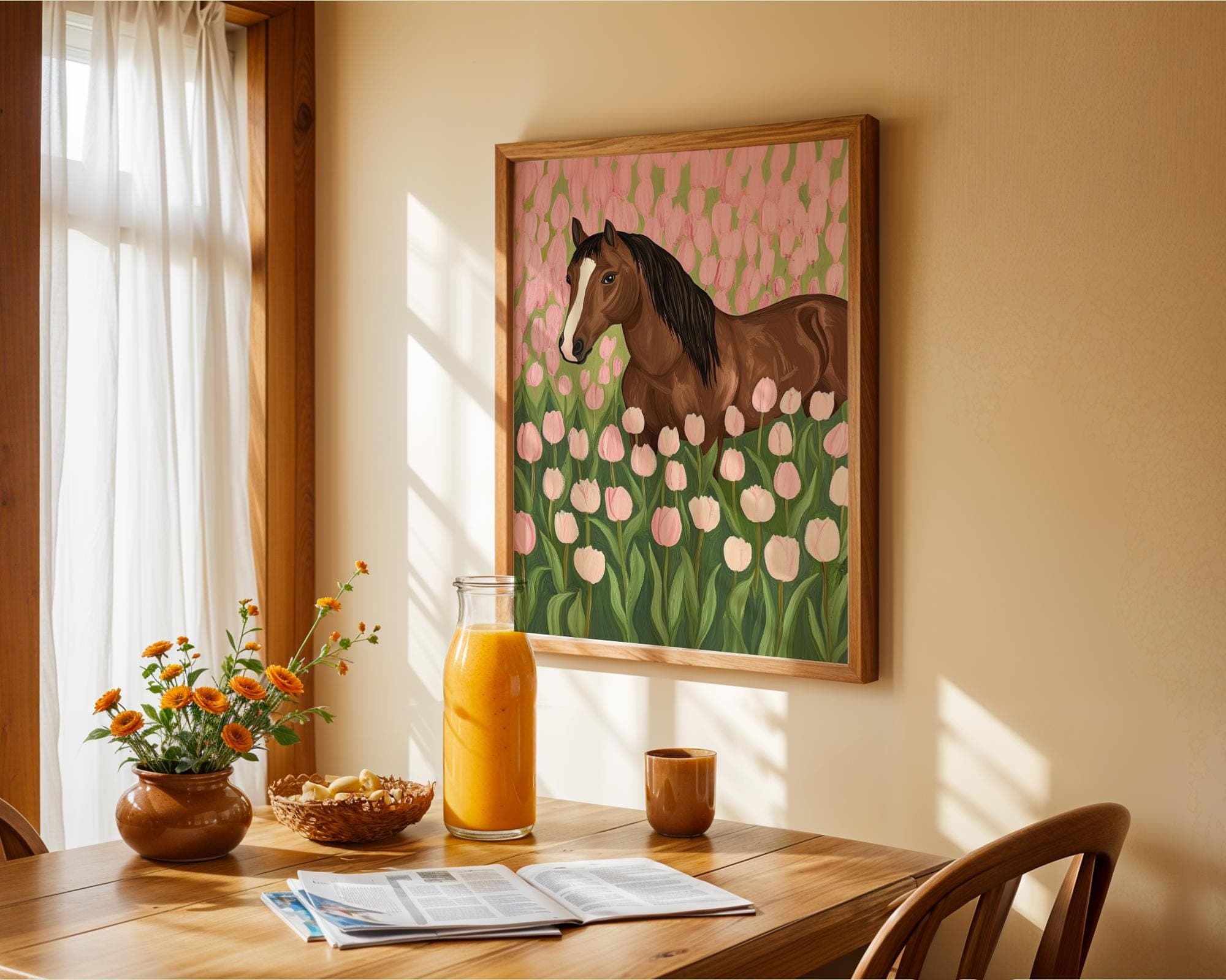 Floral Horse Art Print, Horse in Pink Tulip Field Poster, Farmhouse Horse and Floral Art, Pink Tulip Wall Decor, Pink Wall Art,Horse Digital - view 5