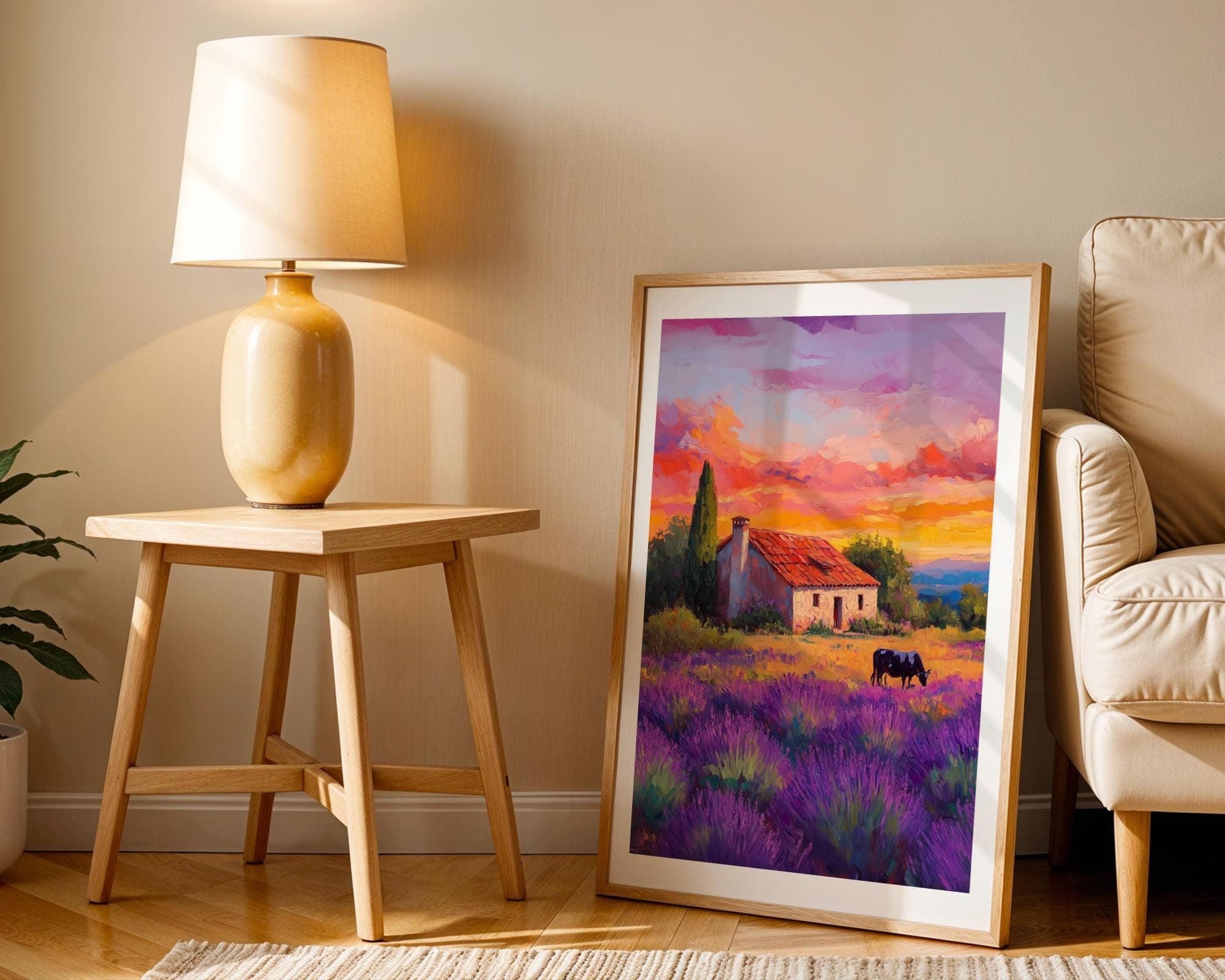 Lavender Field Wall Art, Farmhouse and Cow in Lavender Fields, Country Wall Art, Sunset Landscape Painting, Pastoral Provence Print, Digital - view 3
