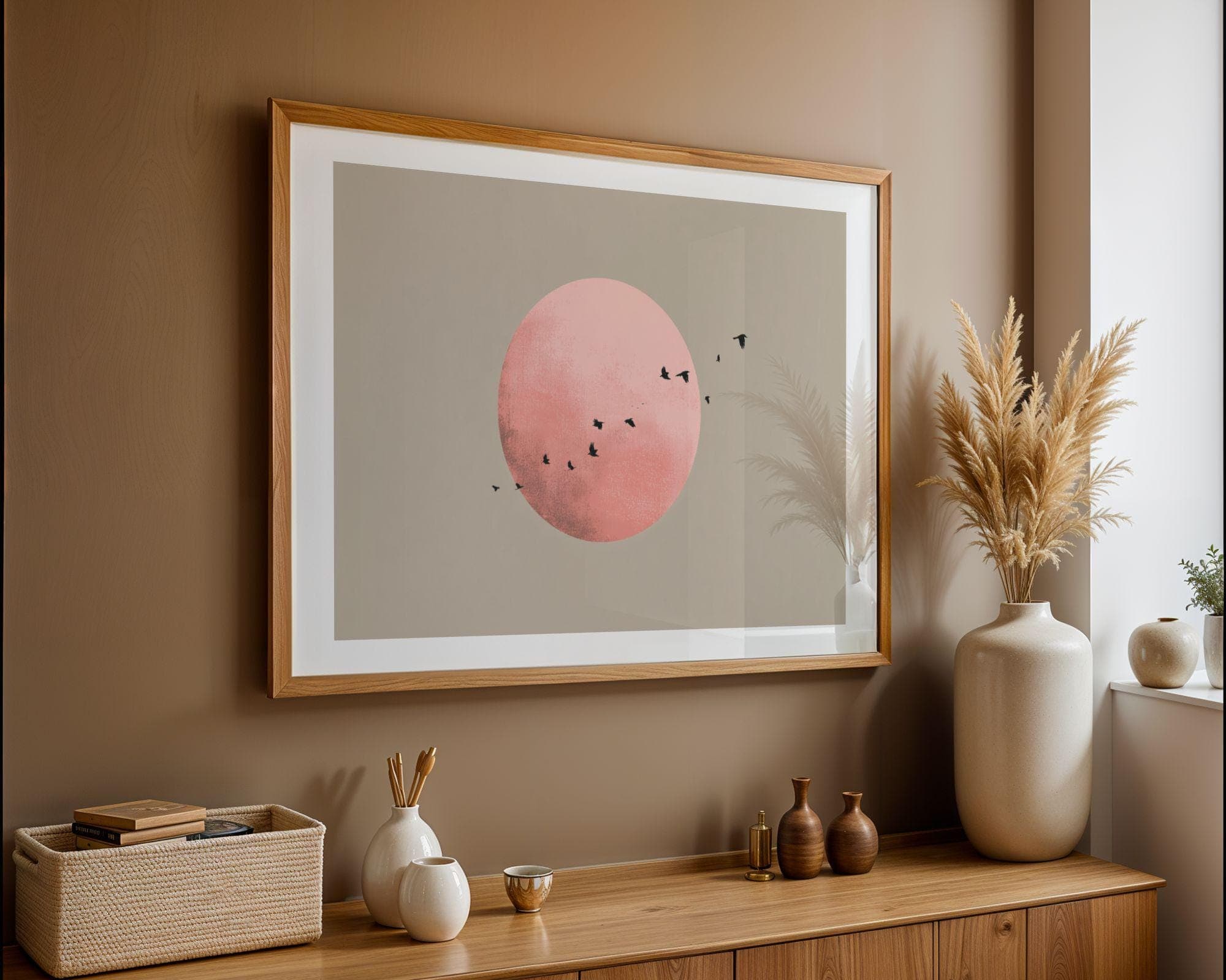Flying Birds Across Pink Sun Poster, Japandi Wall Art Print, Flying Birds Art, Minimalist Landscape Art, Pink Moon Decor, Scandinavian Print - view 8