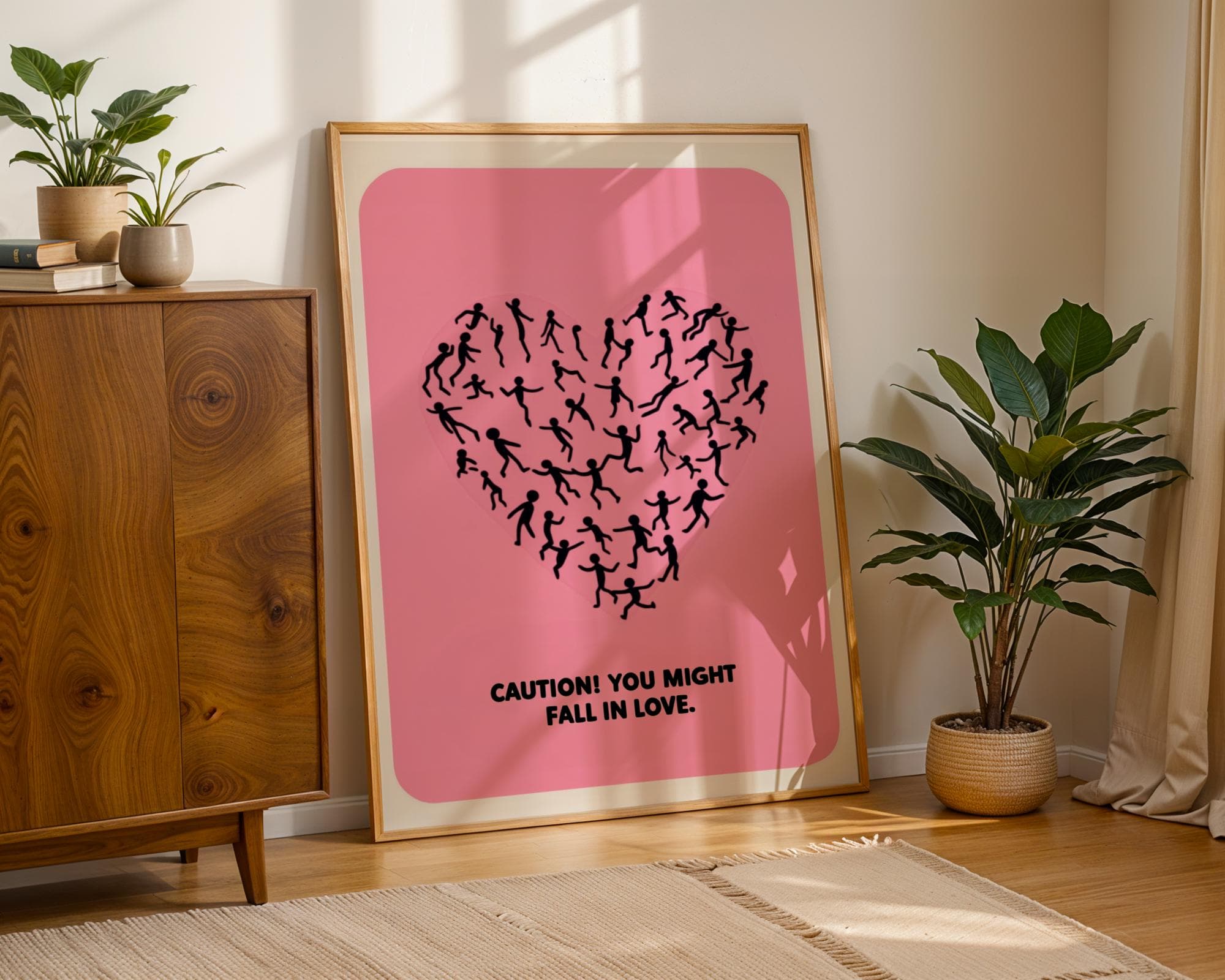 Caution Love Wall Decor - Cute Minimalist Pink Poster, Valentine's Day Wall Art, Abstract Pink Heart Art - Romantic Wall Art for Couples - view 2