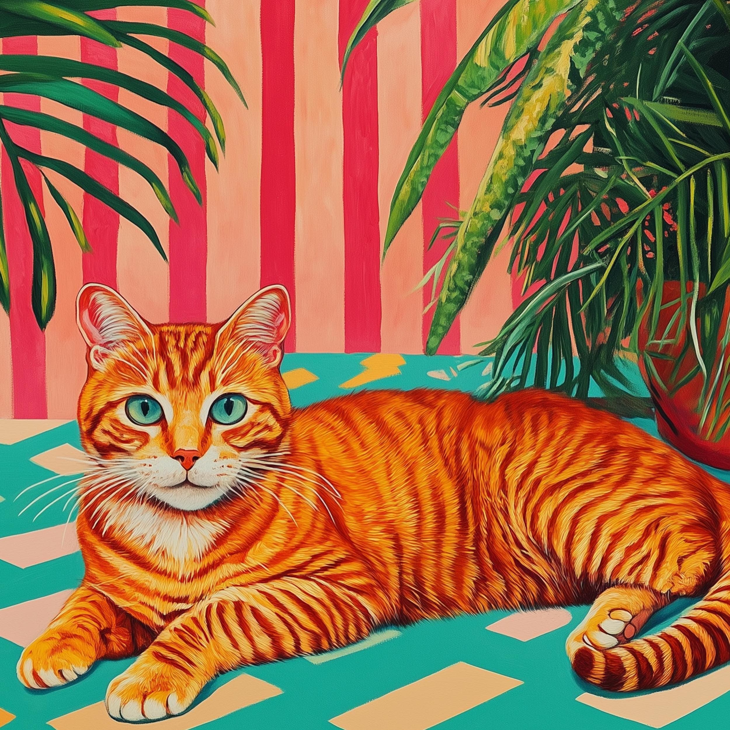 Orange Tabby Cat with Plants Poster, Modern Art Poster,Whimsical Orange Cat with Green Plants, Retro Striped Wall Art, Retro Vibes Art Print - view 2