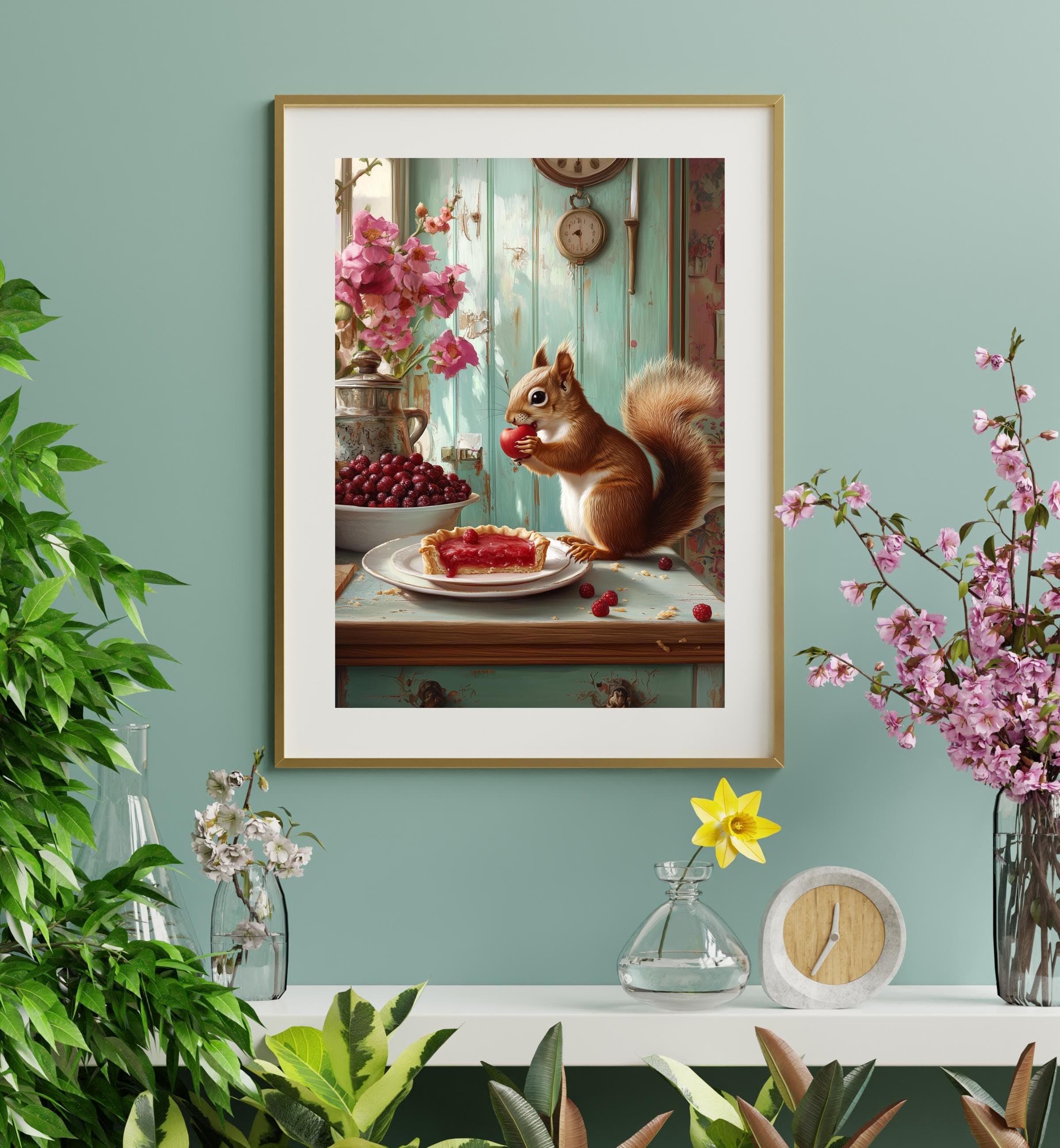 Whimsical squirrel with raspberry tart poster | Vintage kitchen art | Cute woodland animal painting, Rustic kitchen wall art, Kitchen Decor - view 6