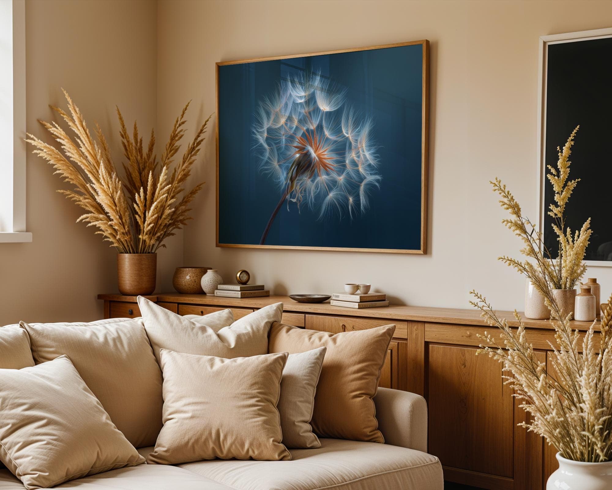 Dandelion Wall Art Digital Botanical Print Blue Background Minimal Nature Flower Poster, Glowing Botanical Digital Print, Dandelion Flower - view 5