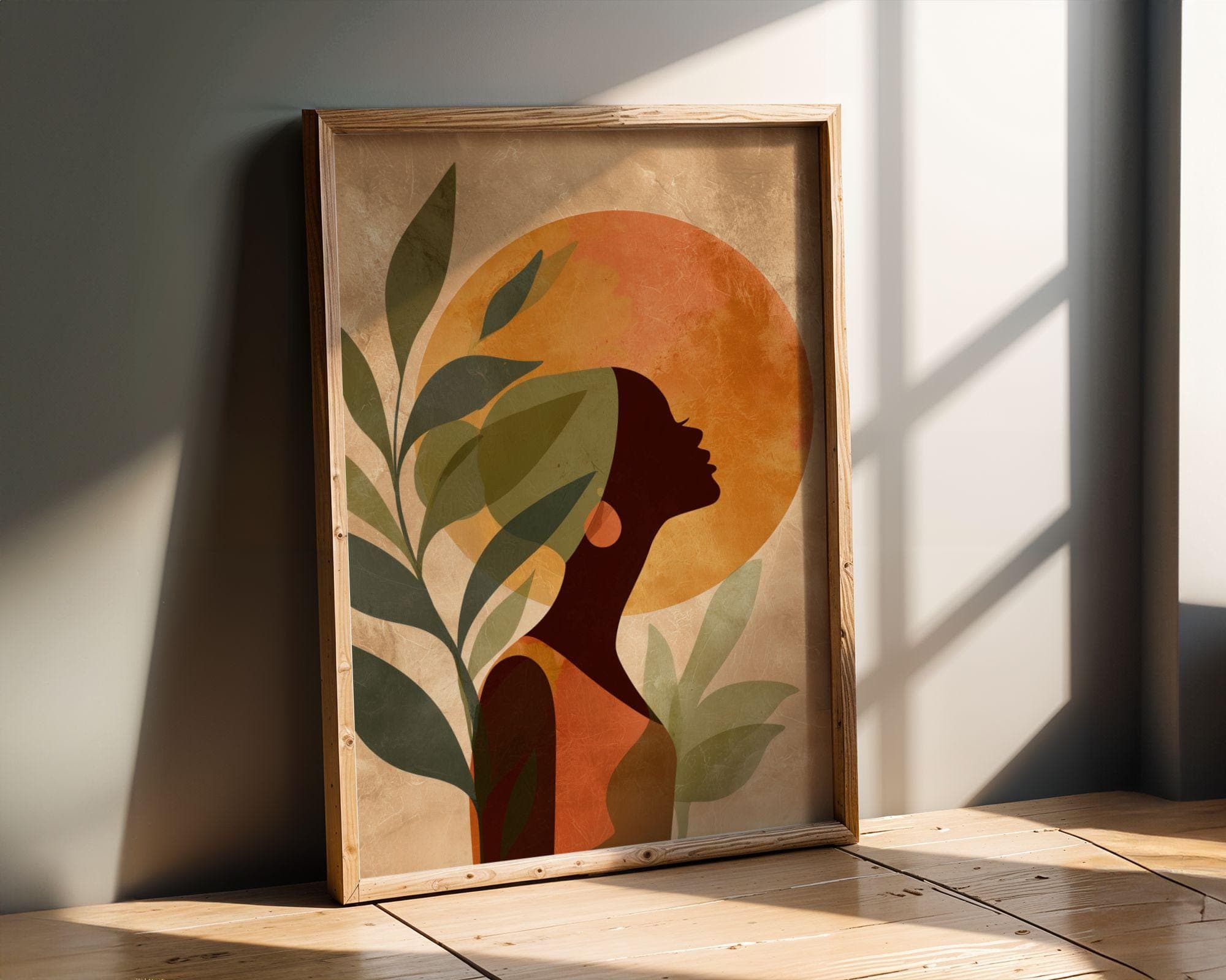 Black Woman Wall Art, Botanical Afro Silhouette, Orange Sun Print, Earth Tone Minimal Modern Print, Afro Woman Wall Art, Feminine Wall Art - view 6