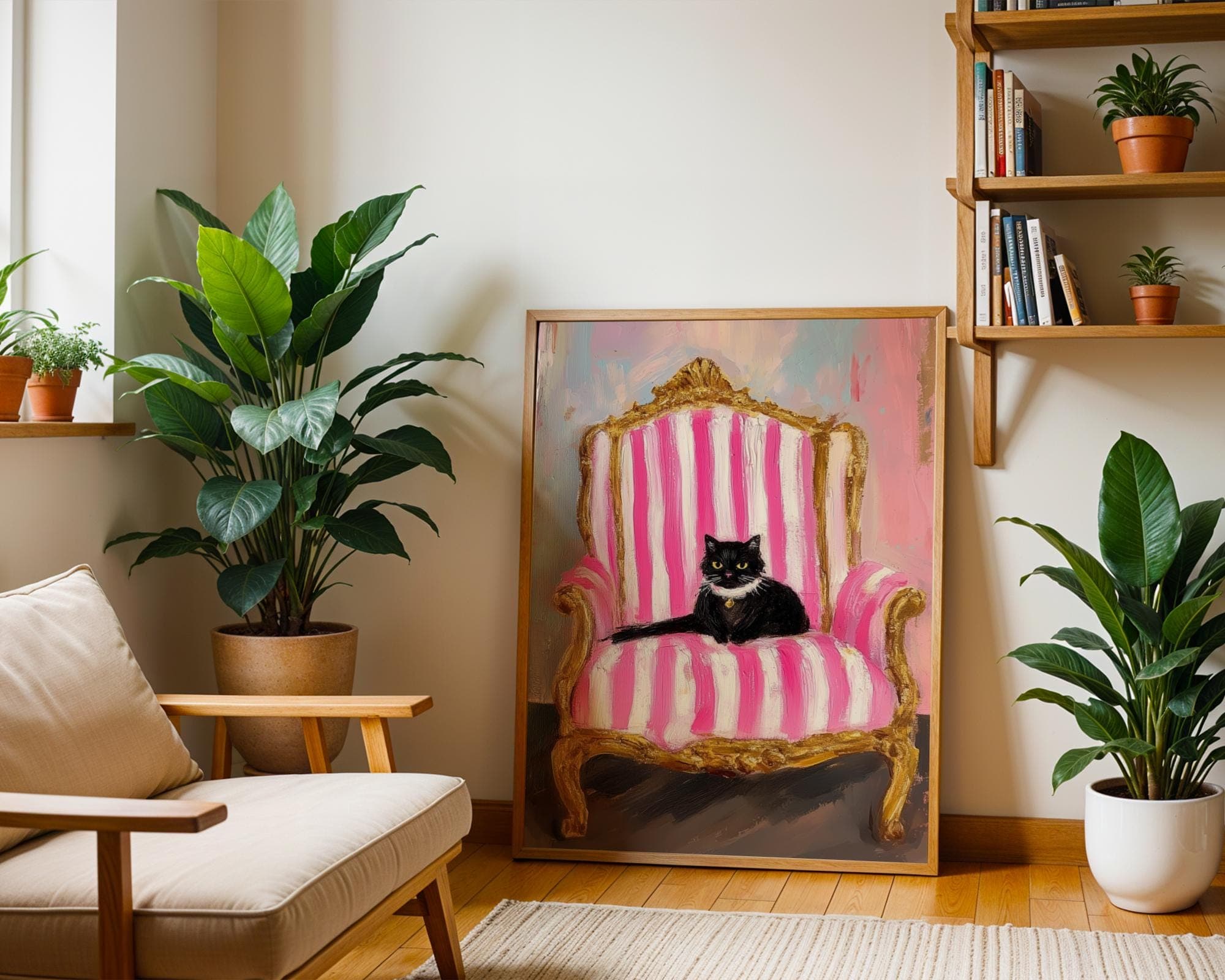 Black Cat on Pink Striped Chair, Pink Wall Art, Whimsical Cat Portrait, Quirky Wall Poster, Dopamine Wall Decor, Digital Download, Printable - view 6
