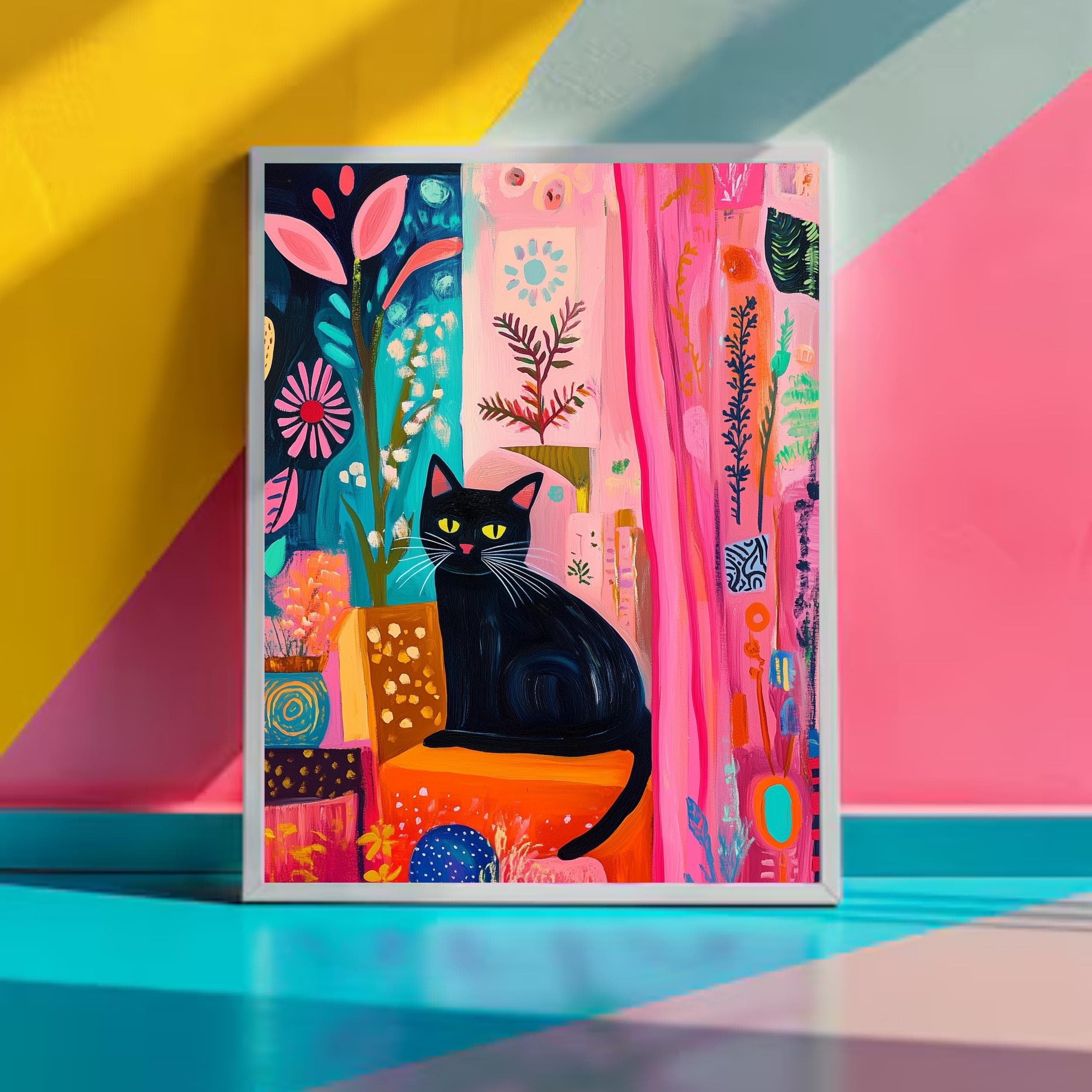 Black Cat with Bright Florals Poster, Pink and Teal Art Print, Colorful Black Cat Art, Preppy Room Decor, Abstract Black Cat Poster - view 3