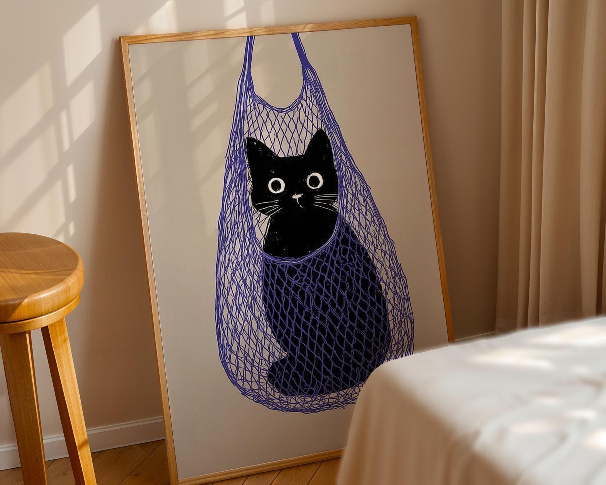 Funny Cat Wall Print, Quirky Cat Lover Gift, Whimsical Black Cat Wall Art, Black Cat in Bag Minimal Wall Art, Animal Art, Quirky Cat Decor - view 4