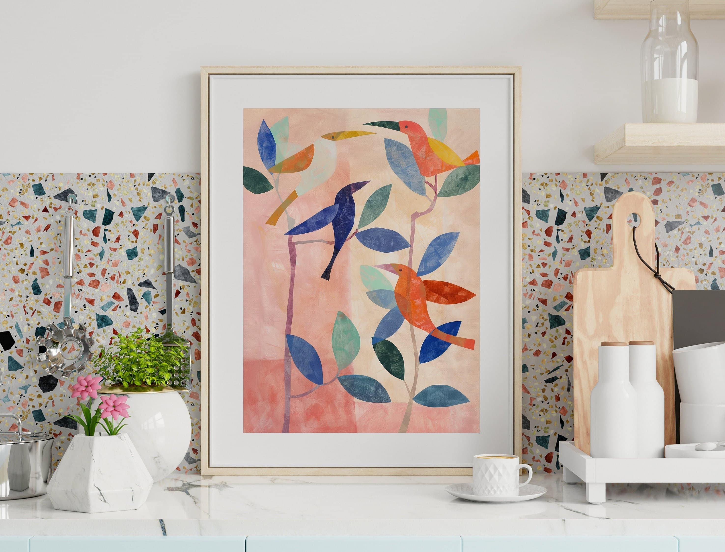 Toucan Printable Wall Art, Oil Painting, Colorful Birds on Twig, Bird Gouache Watercolor Art Print Nursery, Simple and Stylish Wall Art - view 3