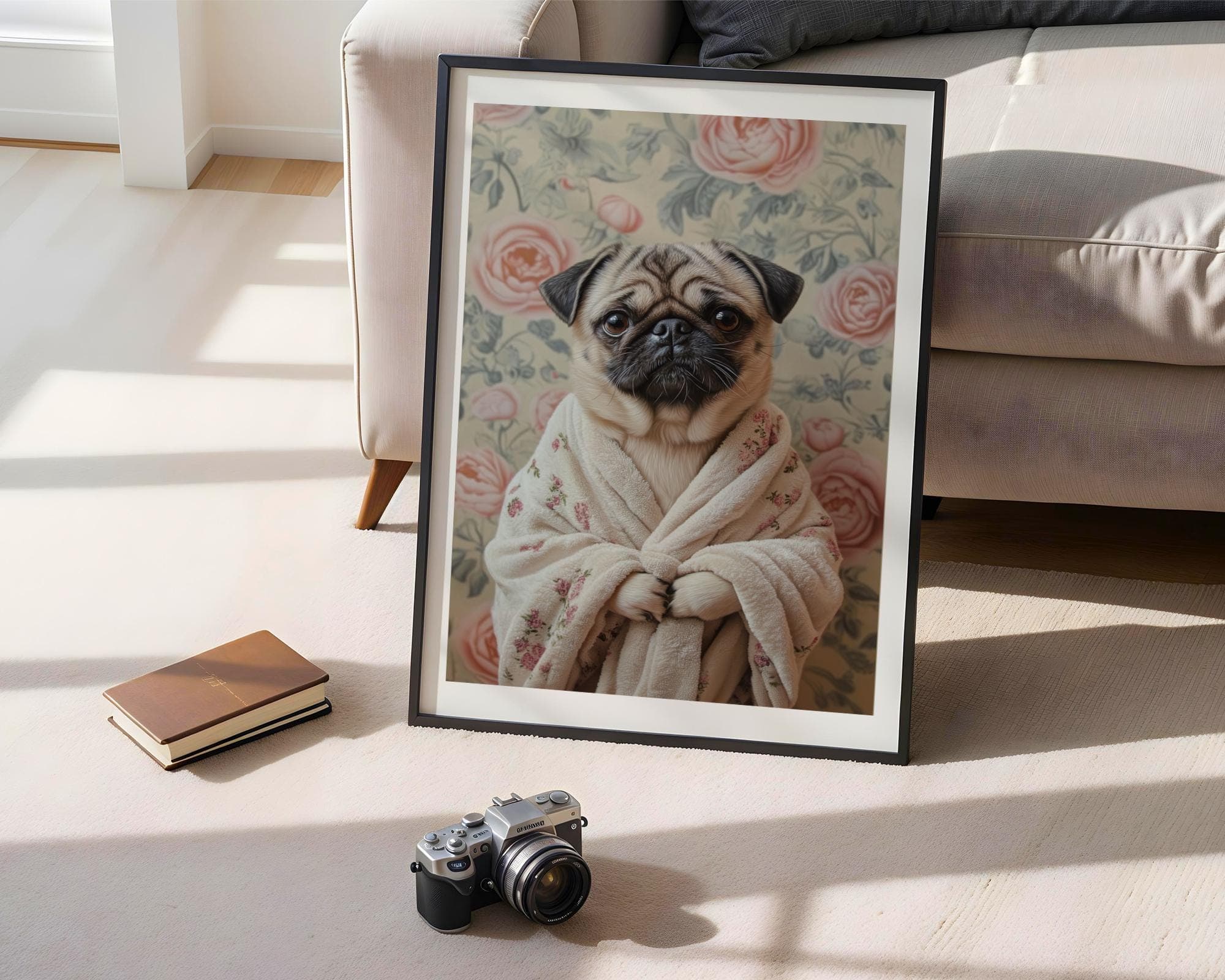 Pug in Bathrobe DIGITAL DOWNLOAD, Dog Printable Wall Art, Floral Dog Print, Funny Pet Decor, Dog Lover Gift, Retro Dog Poster, Funny Pug Art - view 7