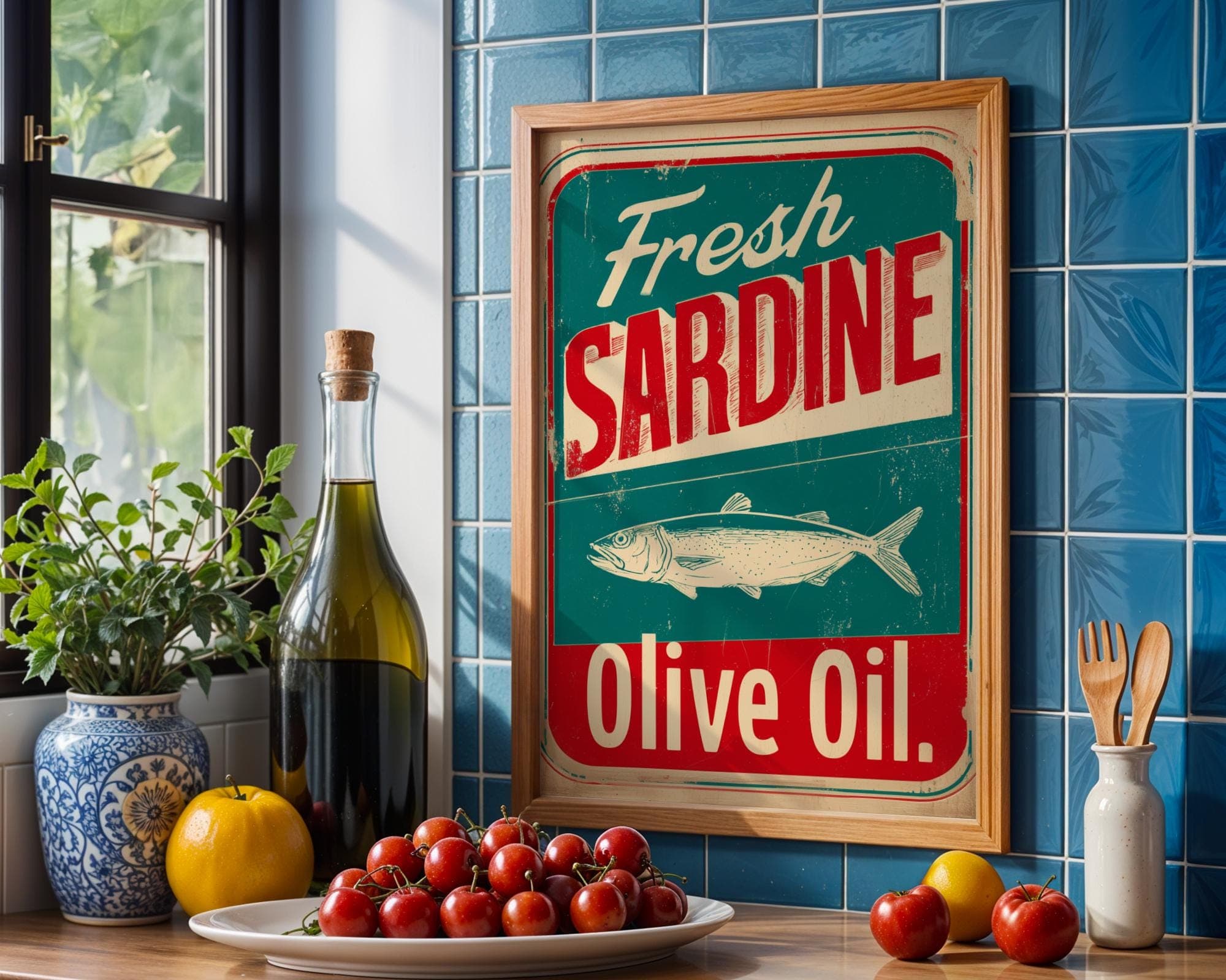 Vintage Fresh Sardine Sign Wall Art, Retro Kitchen Print Rustic Fish Olive Oil Decor, Classic Sardine Print, Retro Fish Tin Sign, Digital - view 4