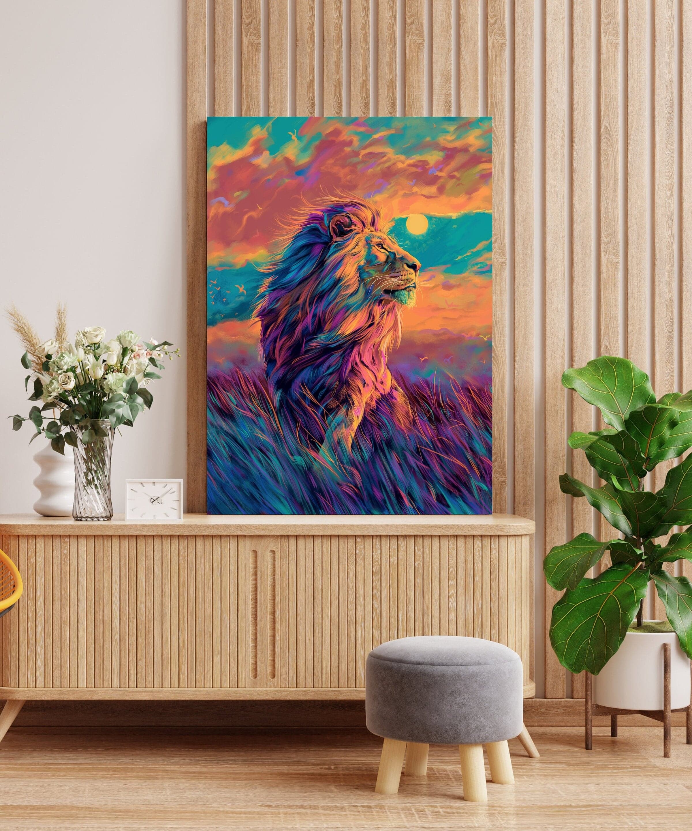 Majestic Lion Sunset Oil Painting Poster, Colorful Animal Poster, Printable Animal Art, Digital Lion Art, Maximalist Lion Poster, Lion Art - view 3
