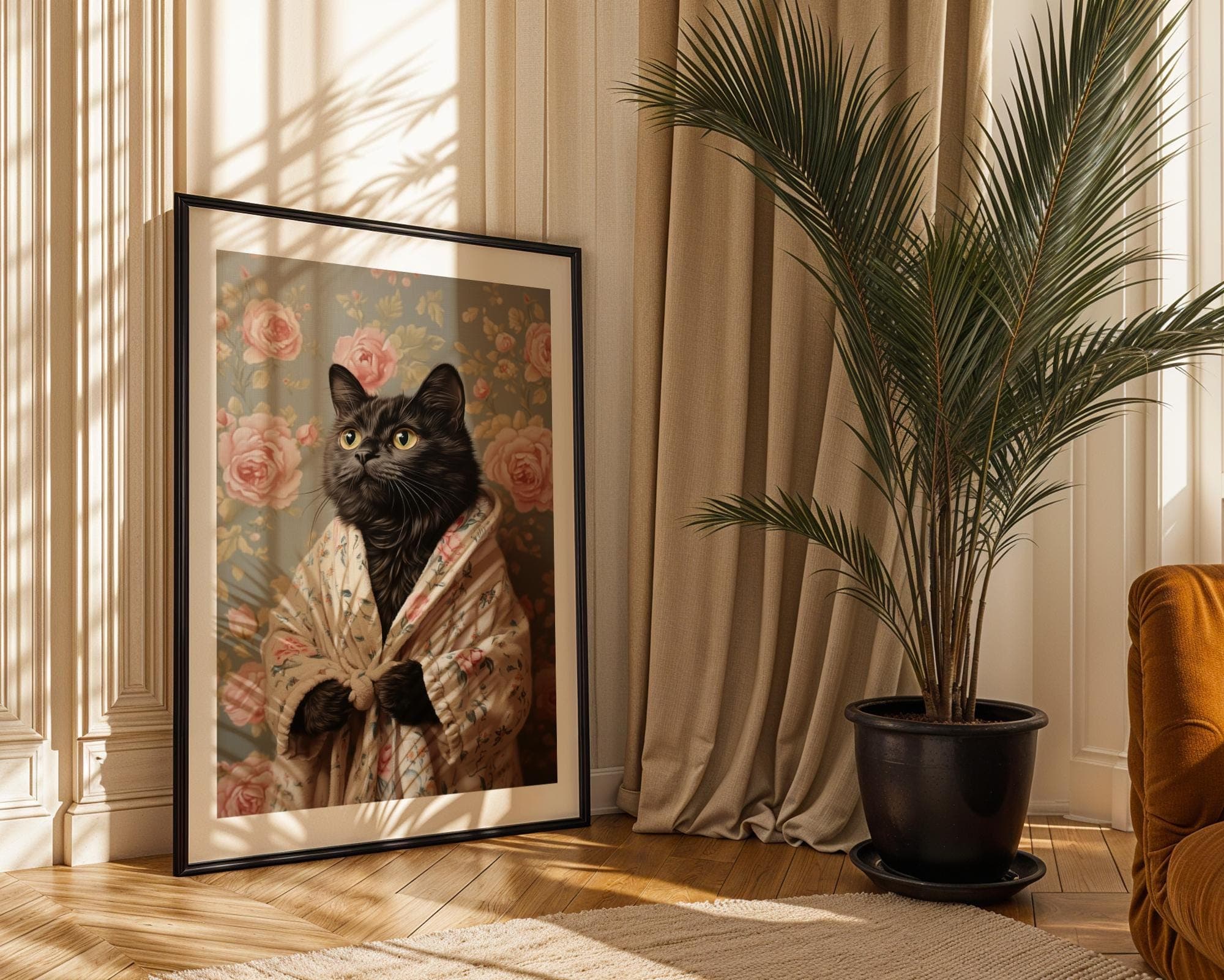Fluffy Black Cat Portrait Digital Download, Cat Printable Wall Art, Black Cat in Bathrobe Wall Art, Whimsical Black Cat Art, Floral Cat Art - view 7