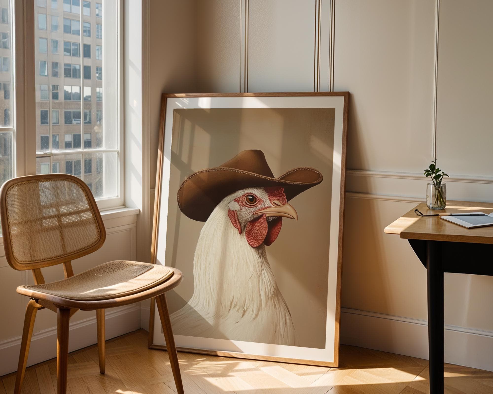 Funny Chicken with Cowboy Hat, Rustic Rooster Print, Digital Download, Vintage Rooster Wall Print, Funny Cowboy Rooster Art, Farm Animal Art - view 3