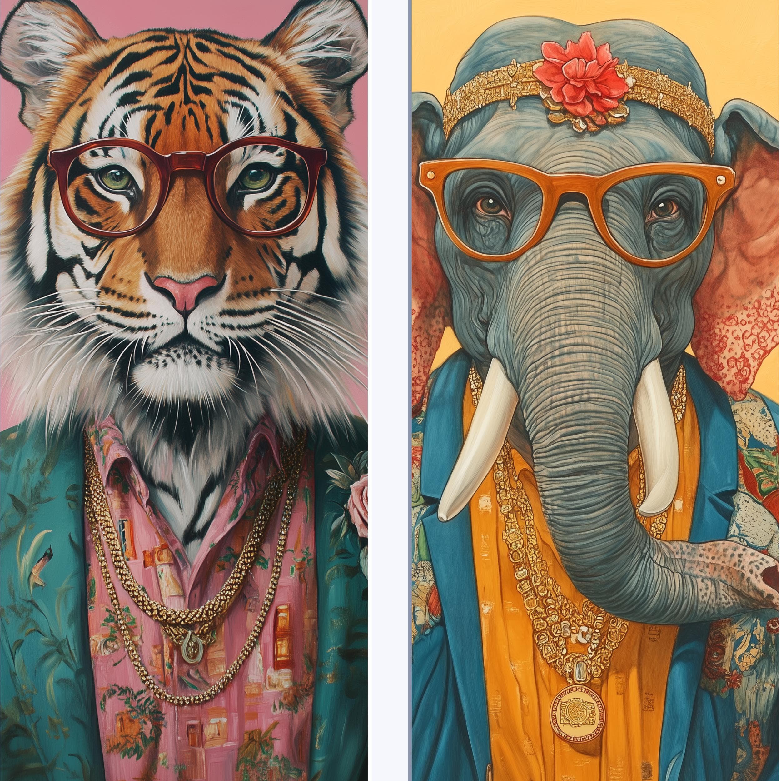 Funky Fashion Animal Print Set, Dopamine Aesthetic, Maximalist Decor, Pink Yellow Lion Tiger Painting, Preppy Print, Art Digital Download - view 3