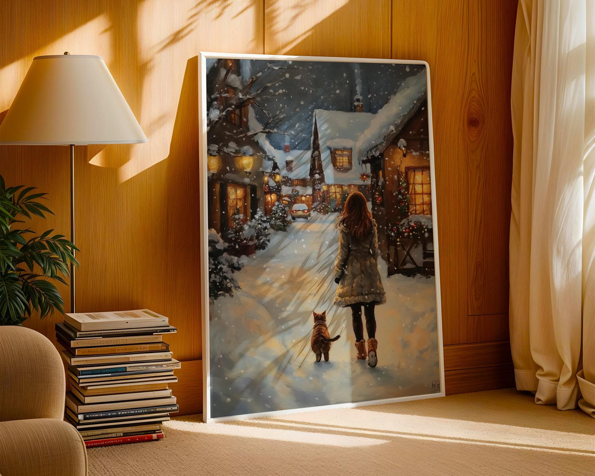 Christmas Woman and Cat Walking in the Snow Poster, Girl and Cat Print, Holiday Cat Lover Gift Wall Art, Festive Home Decor, Digital Art - view 7