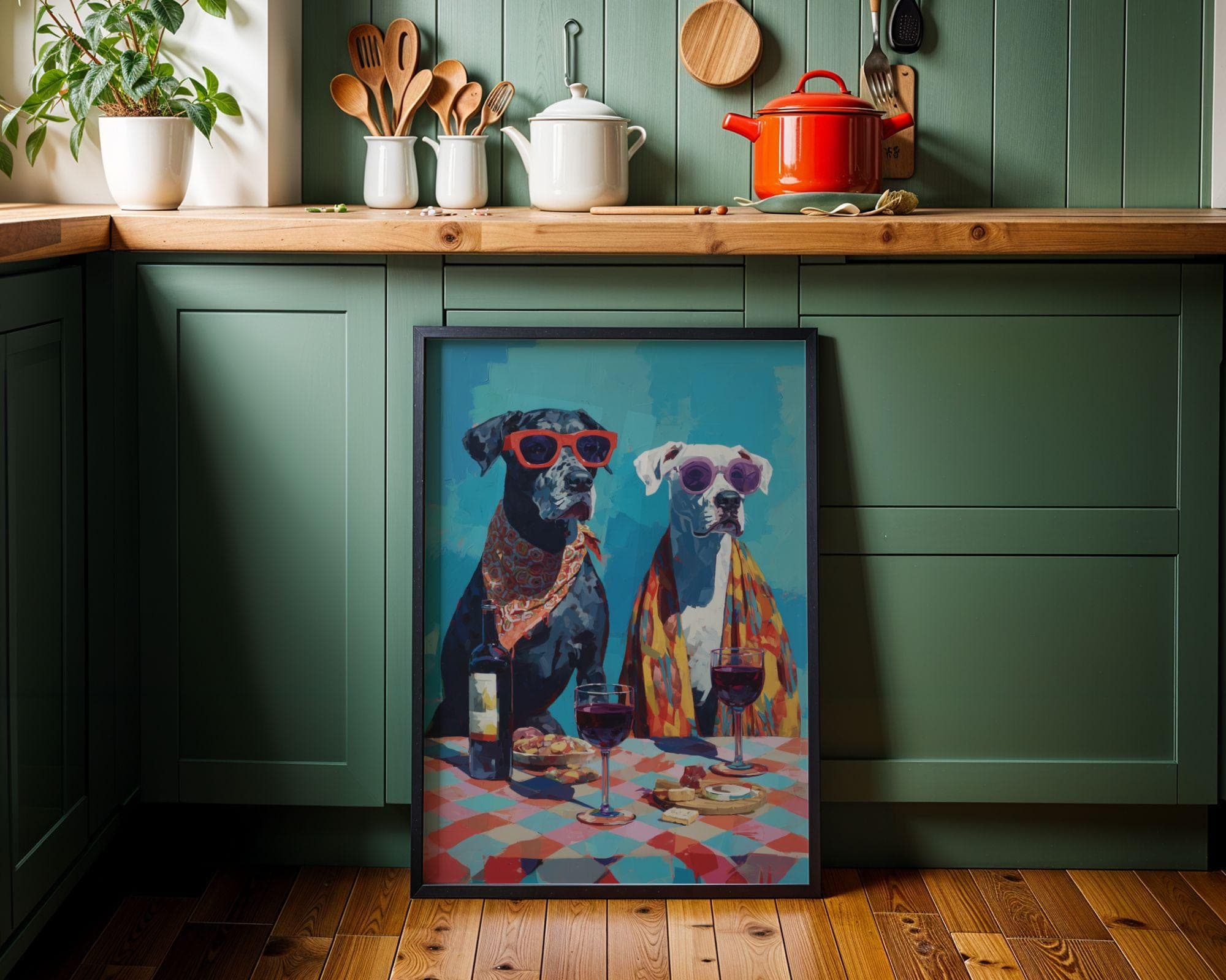 Funny Dog Couple Wall Art, Wine Lover Dog Print, Whimsical Animal Painting, Colorful Pet Portrait Kitchen Dining Room Decor, Wine Lover Gift - view 2