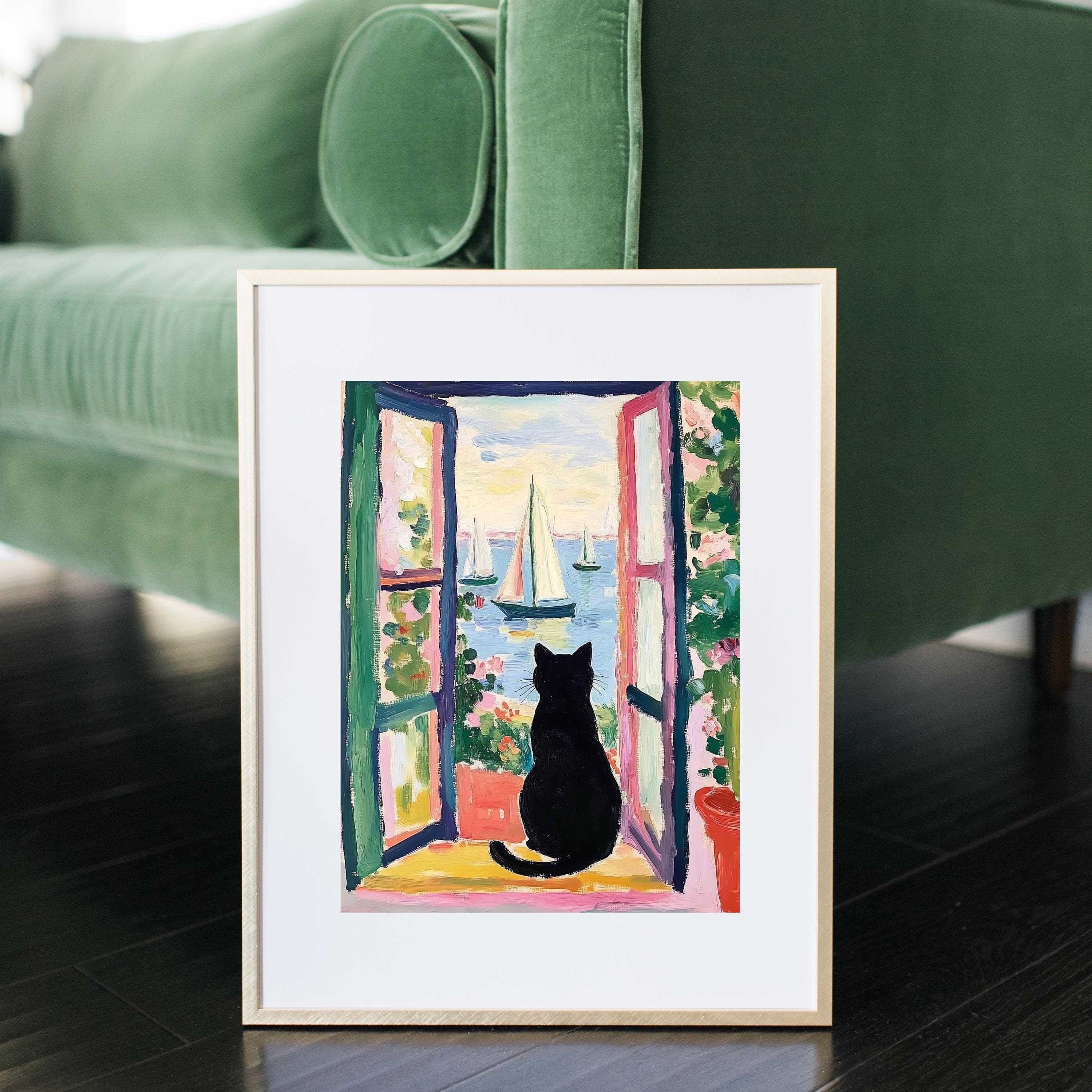 Black Cat by the Sea Poster, Colorful Oil Painting Print, Colorful Wall Decor, Matisse Oil Painting Poster, Whimsical Cat & Sailboats Art - view 4