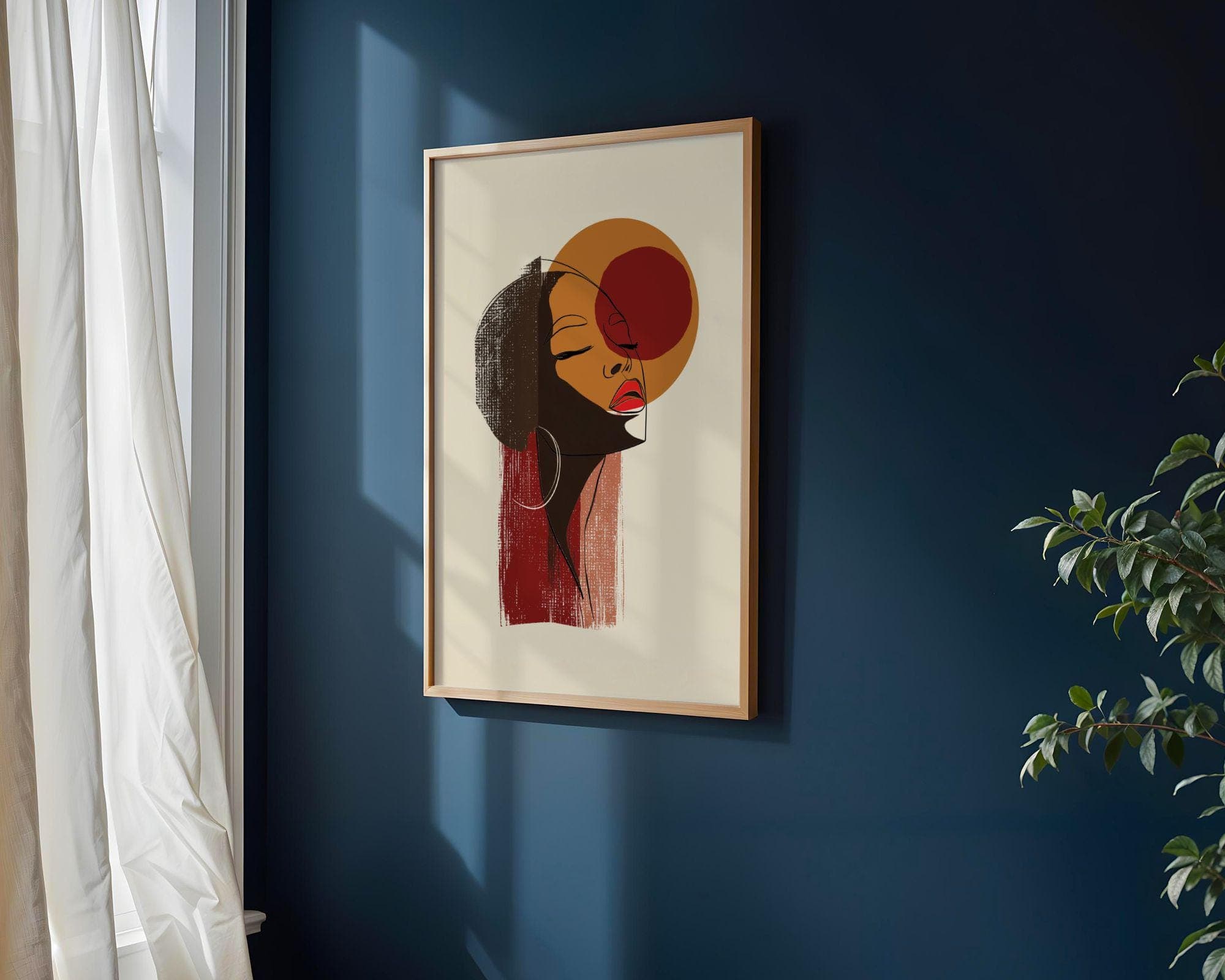 Black Woman Wall Art, Minimalist Line Portrait, Feminine Abstract Wall Art, Face Line Art, Earth Tones, Living Room Decor, Digital Download - view 3