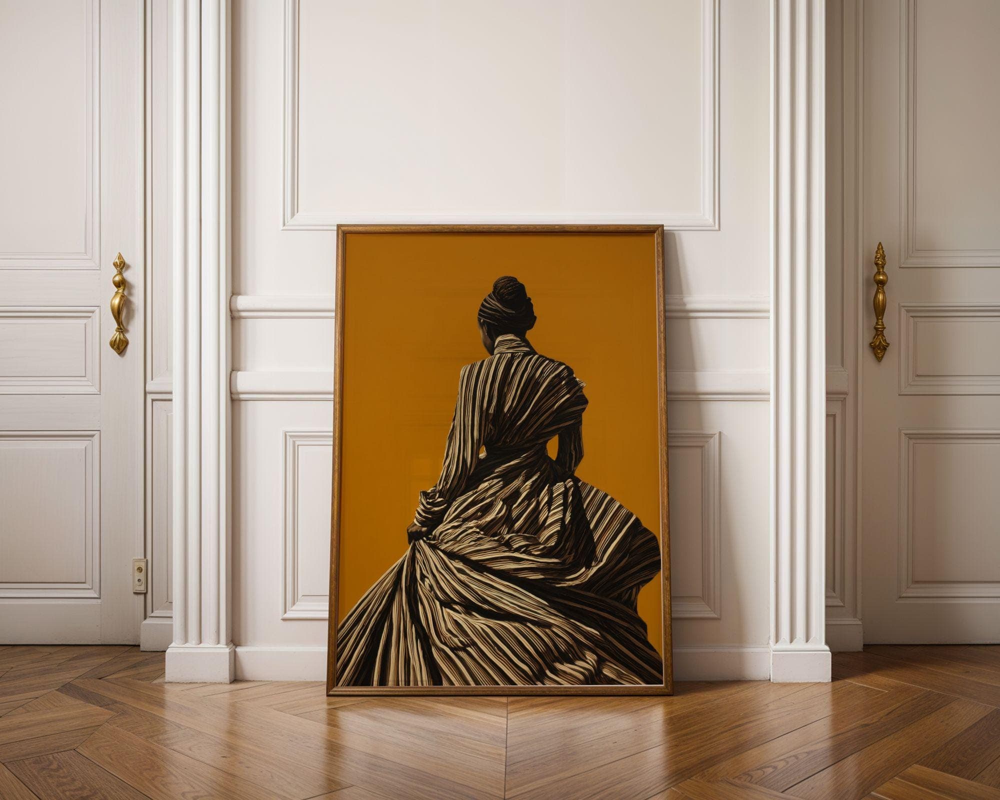 Black Woman Wall Art, Fashion Portrait Print, Modern Woman Wall Art, Black White Striped Dress Print, Mustard Yellow Background, Digital Art - view 6