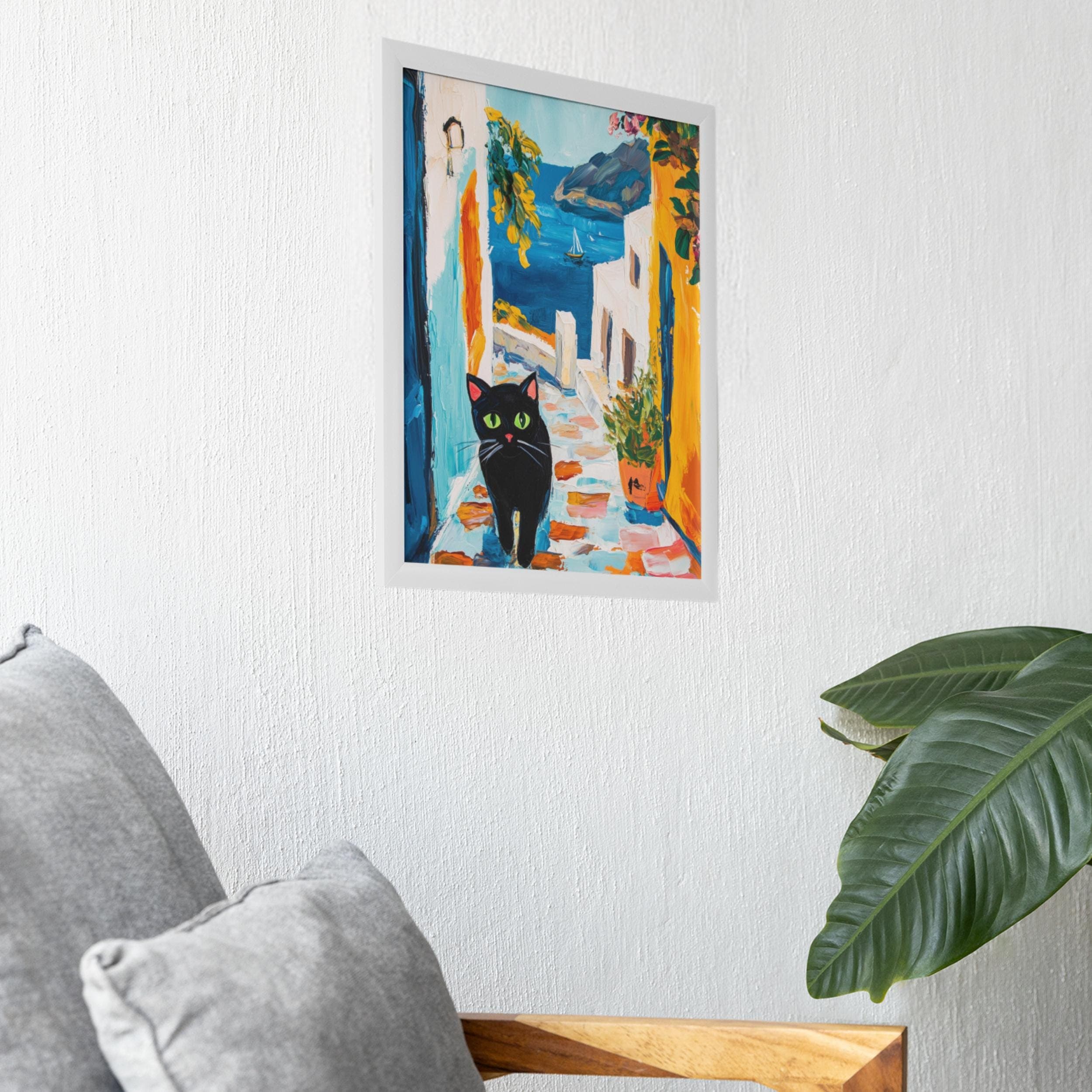 Santorini Cat Art Print, Greek Island Illustration, Travel Art, Greek Islands Wall Art, Cat Wall Art, Colorful Vibrant Housewarming Gift - view 5