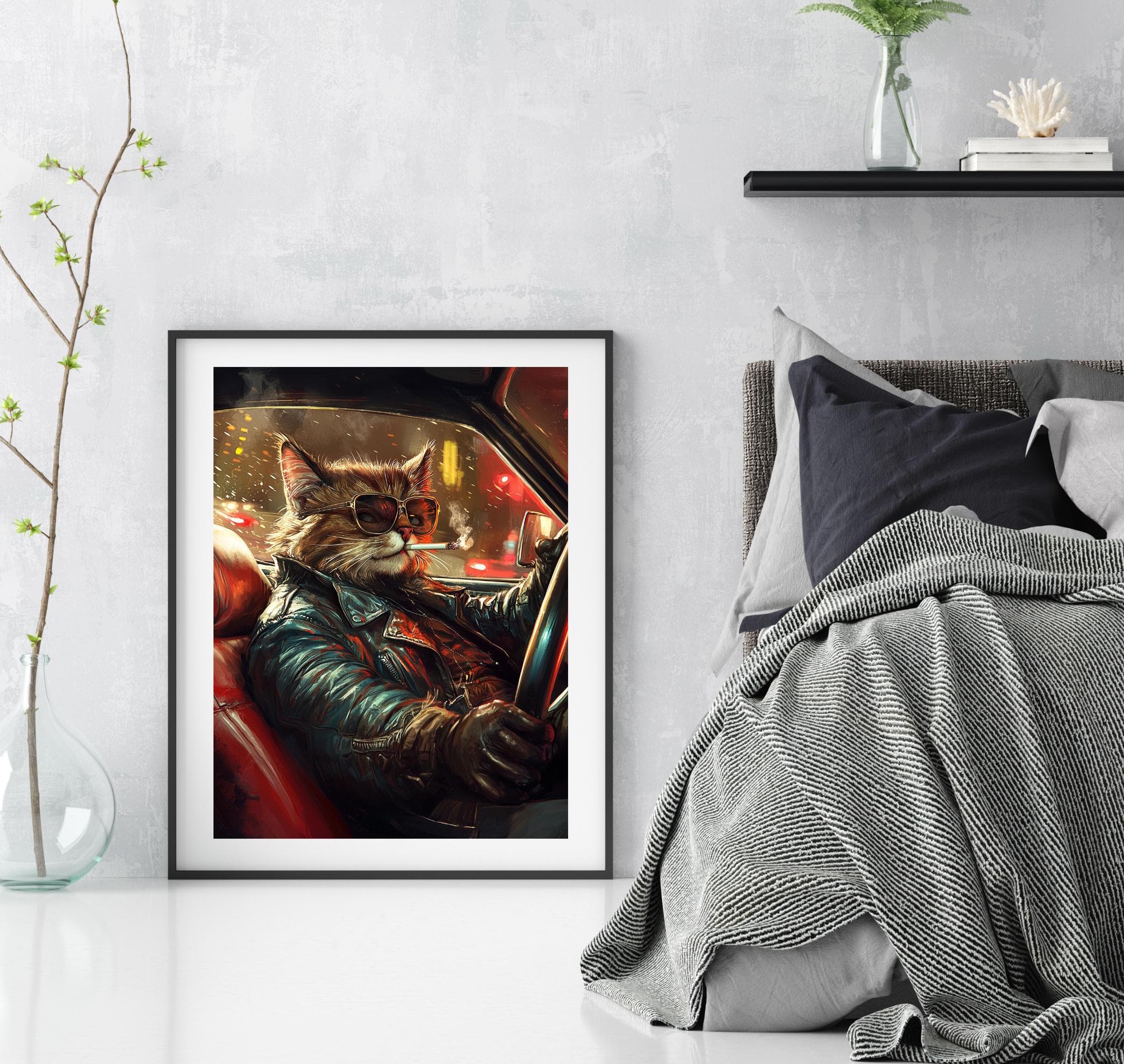 Retro Cool Cat Leather Jacket Print, Driving Car Wall Art (Digital Download) - view 6